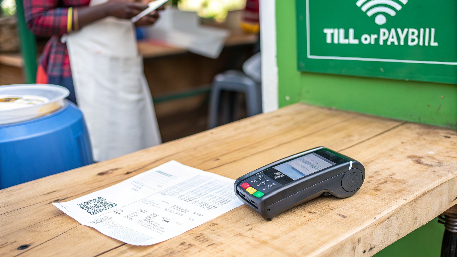 A mobile payment terminal and a printed receipt on a wooden counter, ready for a transaction.
