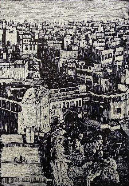 herd of sheep on road painting