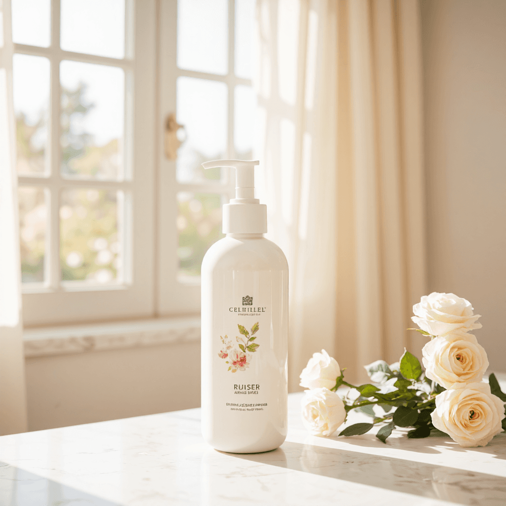 product photography of bottle of hair treatment product