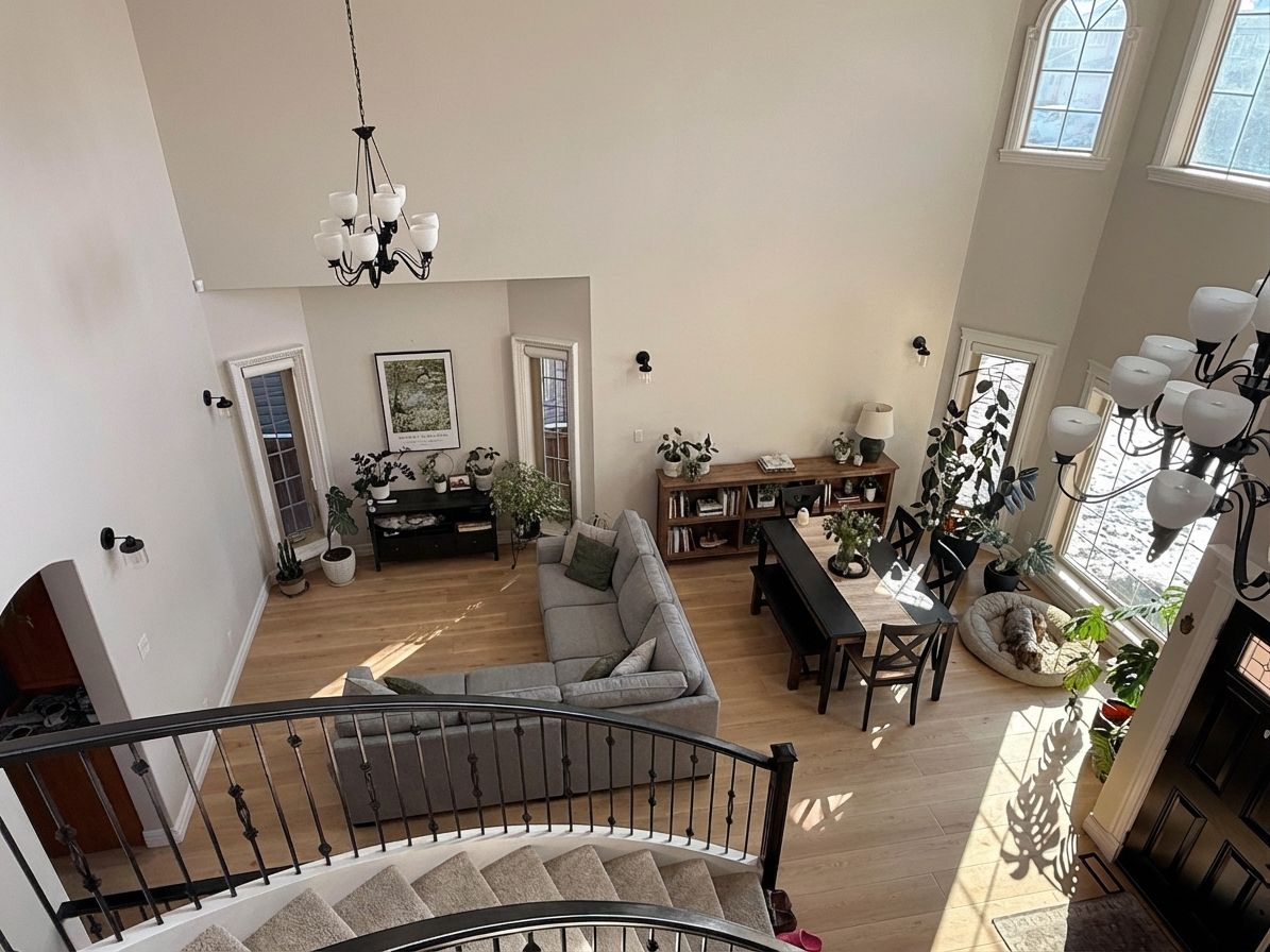 Open plan layout using sofa as room divider designed by AI furniture placement