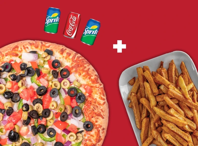 Pizza Large + Frites et 3 Boissons