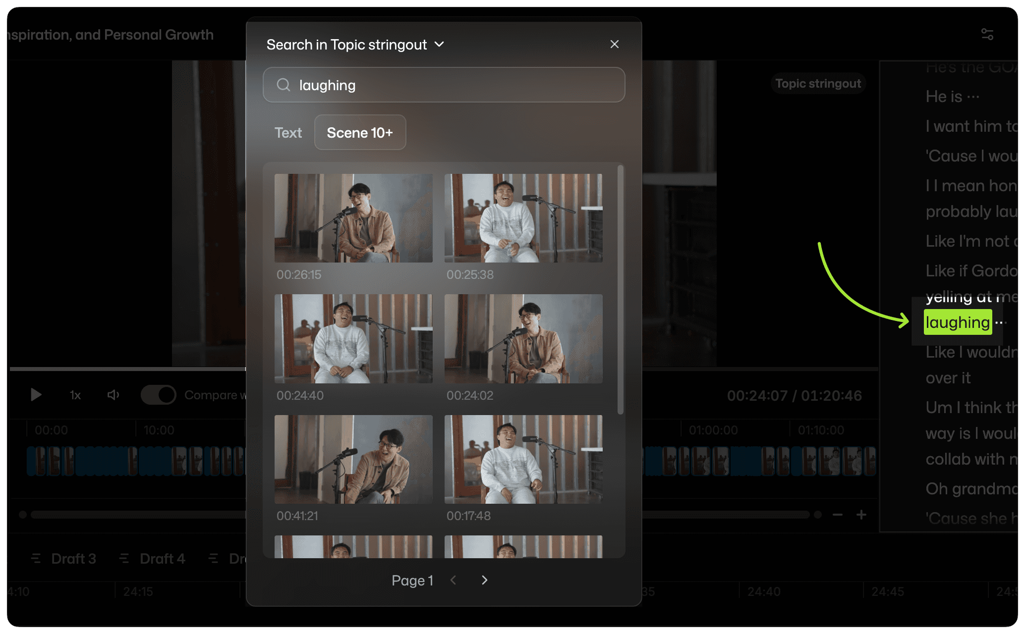 scene search in selects ui for ai video editing