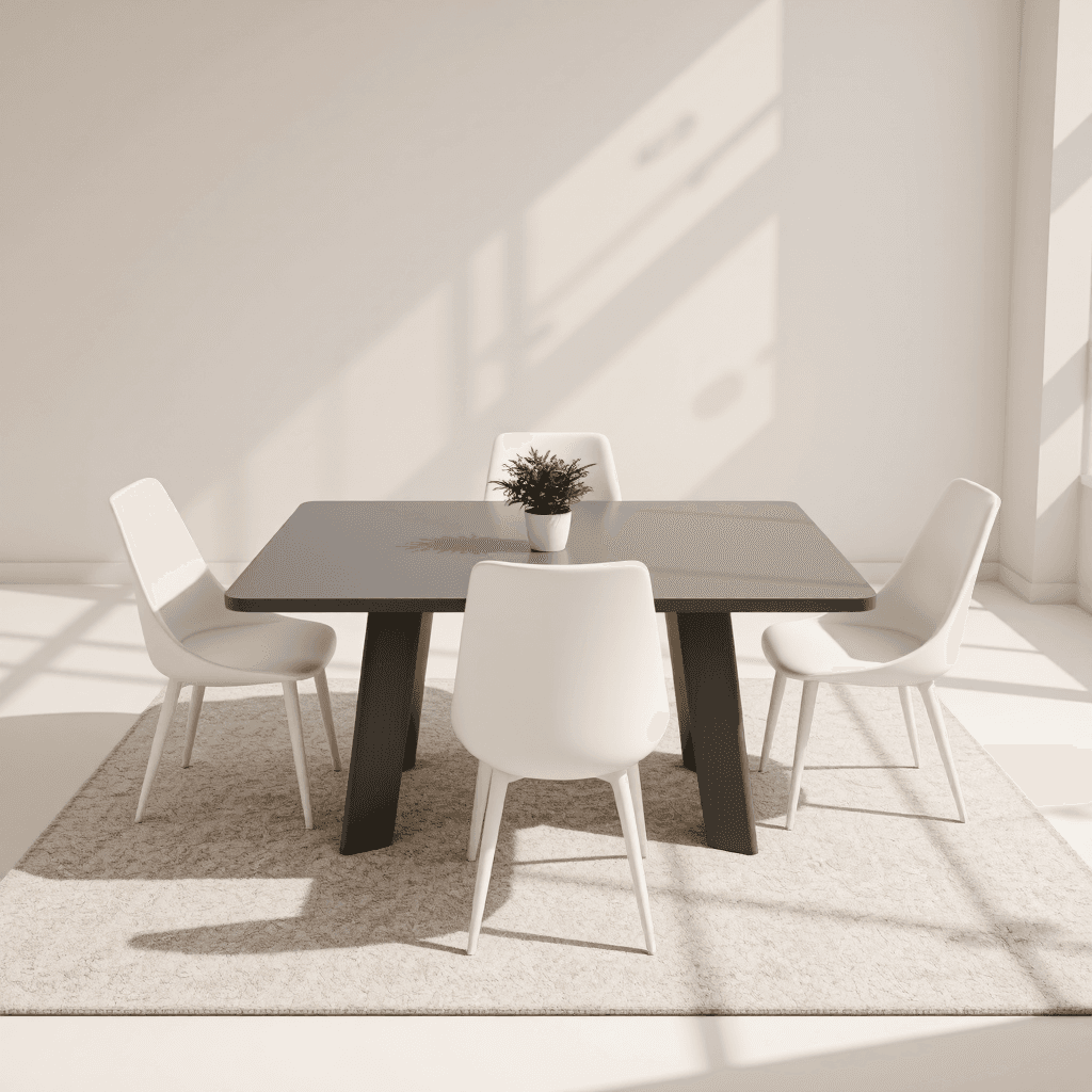 product photography of a dining table with four chairs and a plant on top