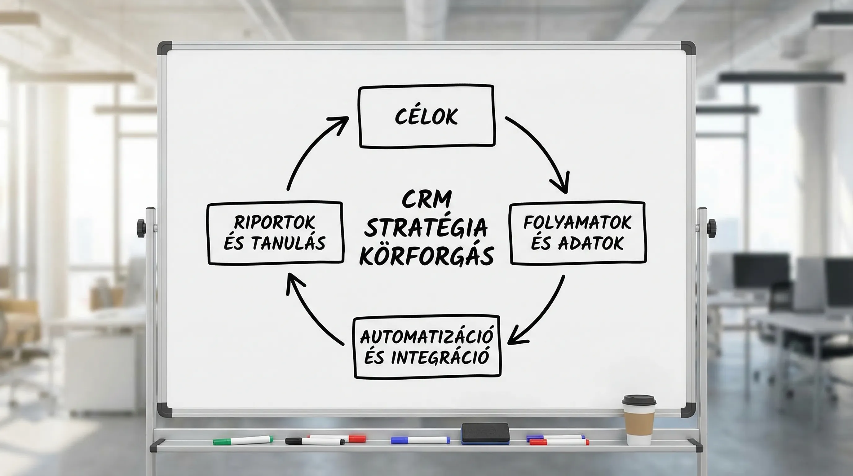 Egyszerű folyamatábra a CRM-stratégia körforgásáról: célok -> folyamatok és adatok -> automatizáció és integráció -> riportok és tanulás, majd vissza a célokhoz.