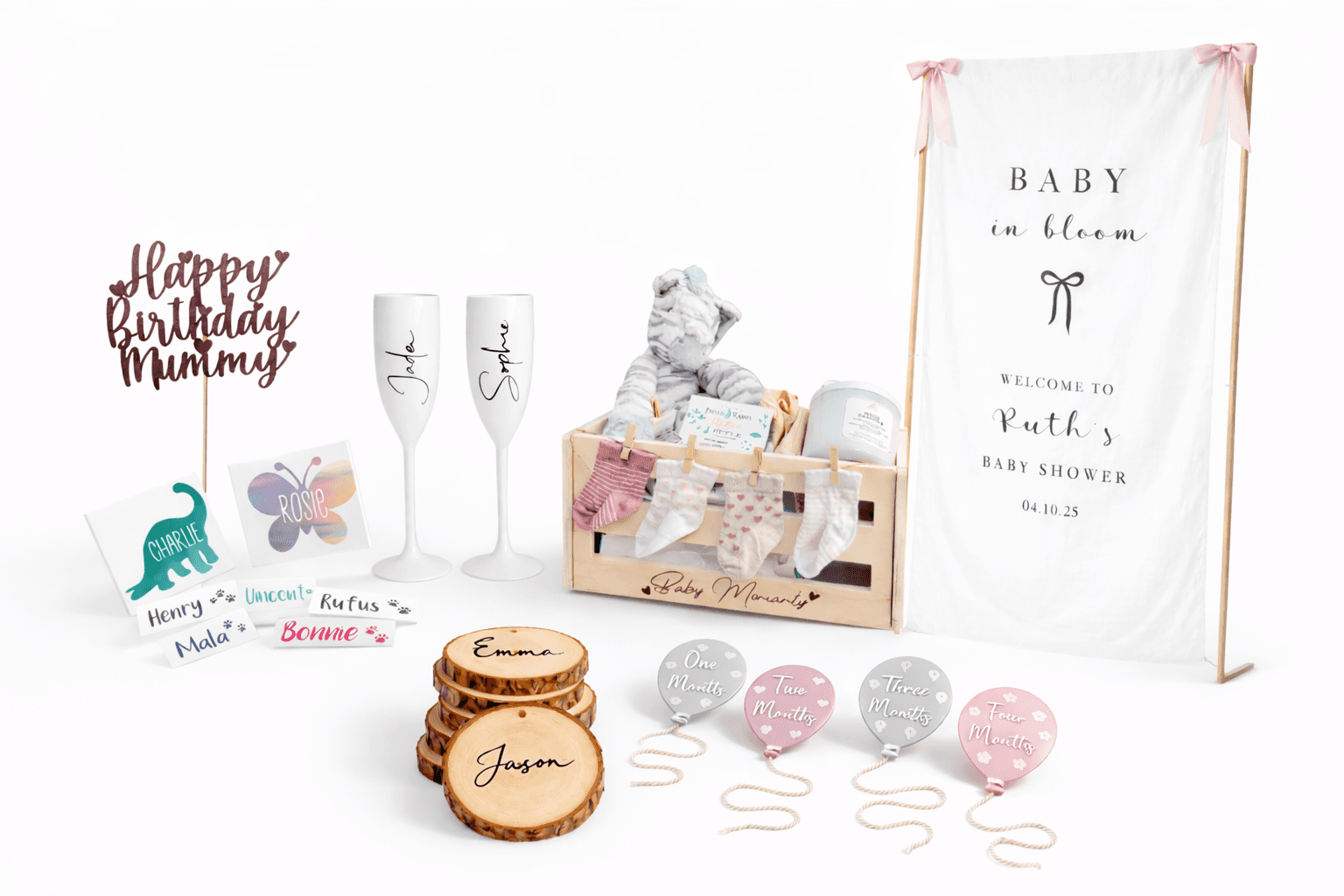 Multiple beauty products arranged neatly on a display stand