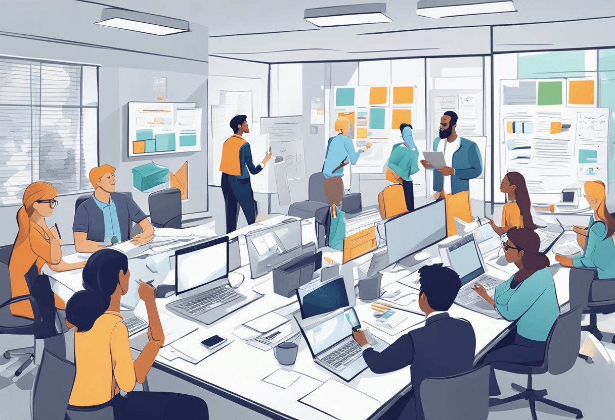 A bustling office with a team of professionals brainstorming, writing, and collaborating on a whiteboard to craft compelling job advertisements