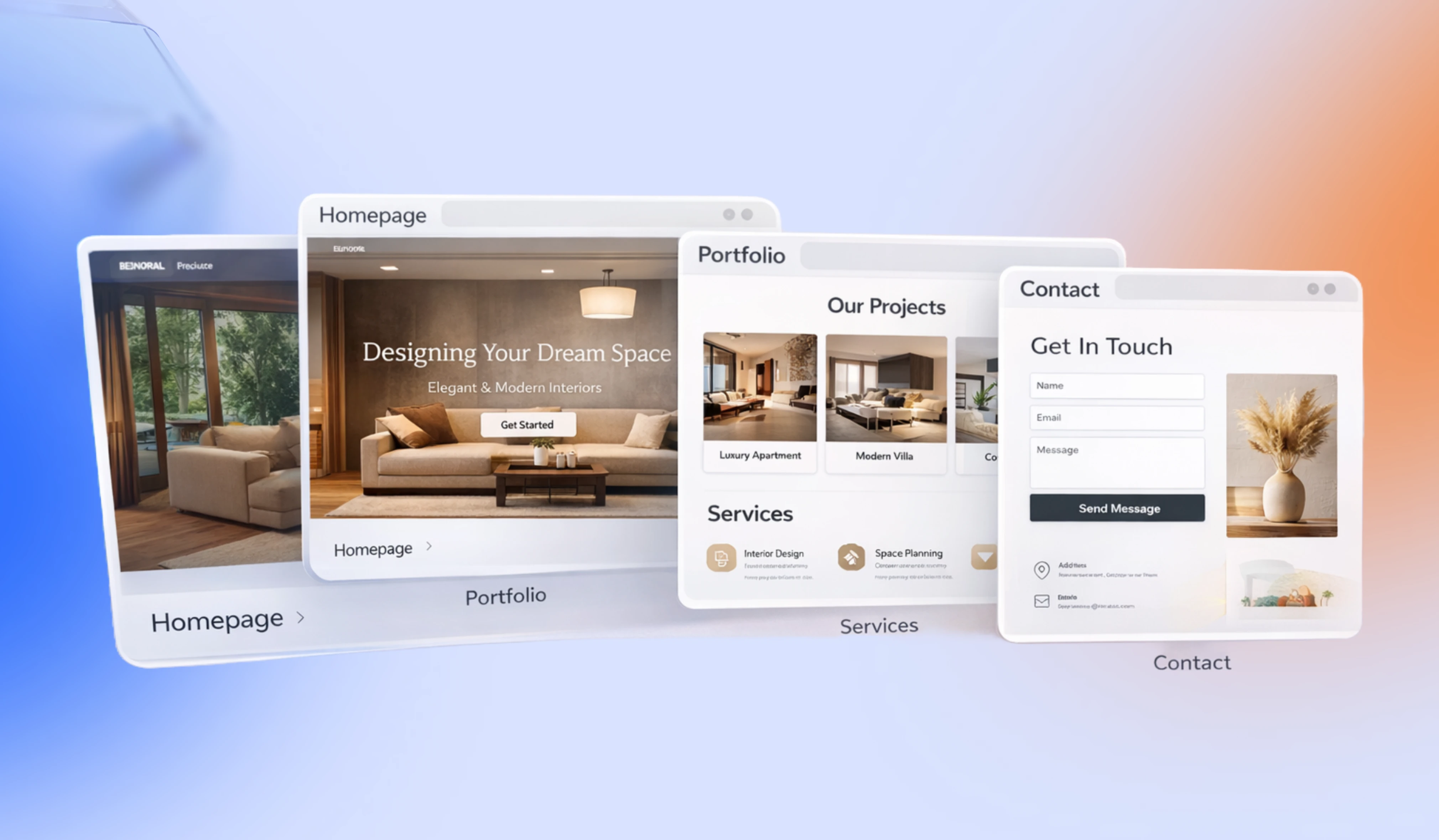 Interior design website mockup showing floating homepage, portfolio, and contact screens.