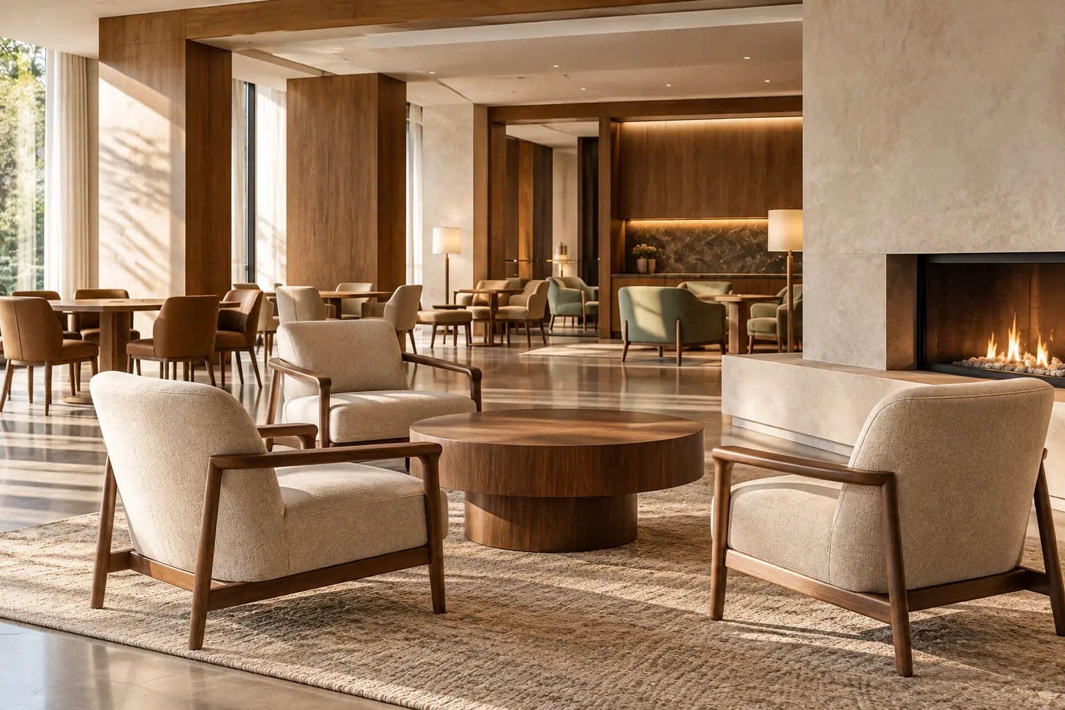 Senior living lounge with bouclé armchairs, a round walnut table and a fireplace