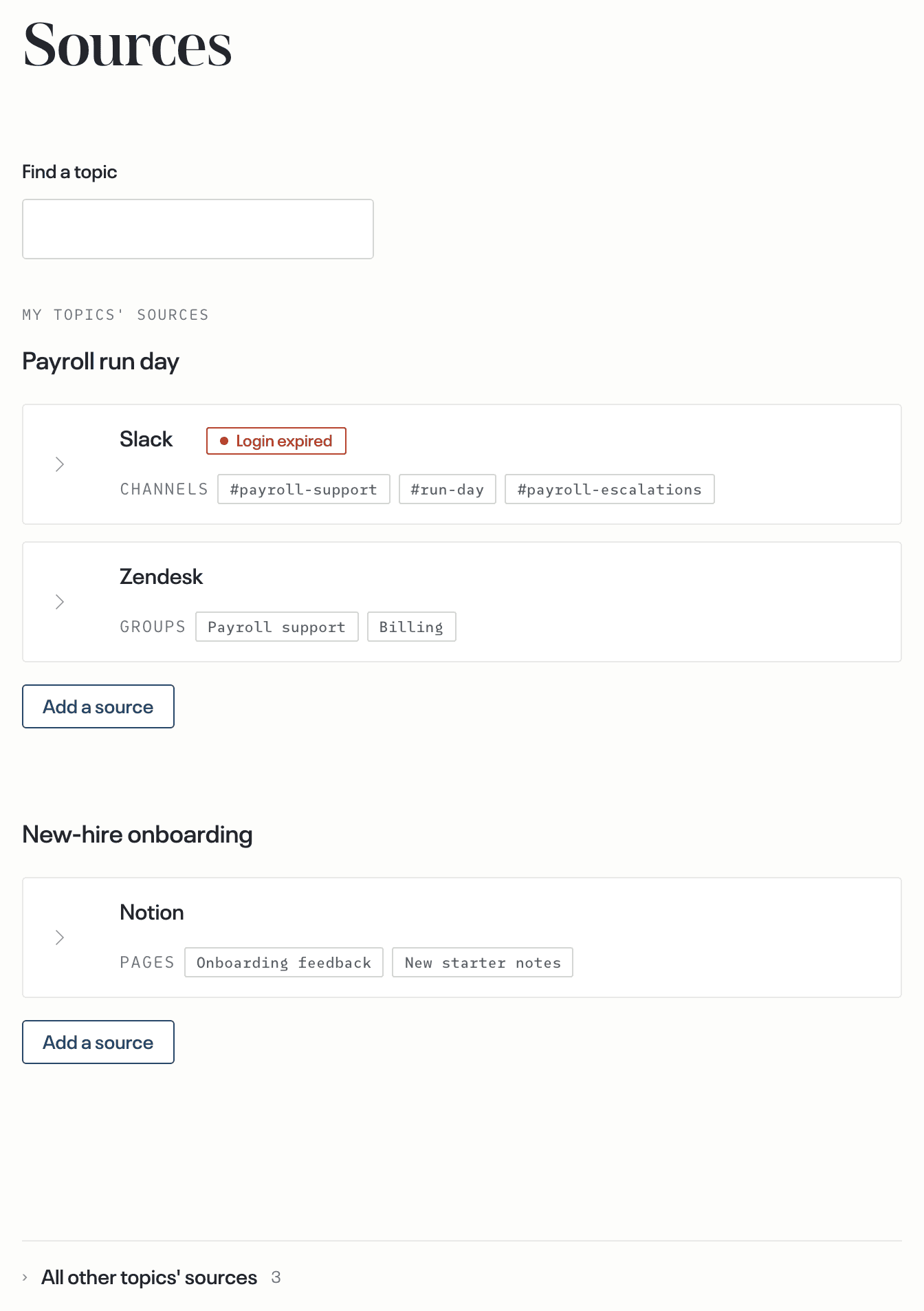 Sources, demo account · one row with no badge and one row with Login expired