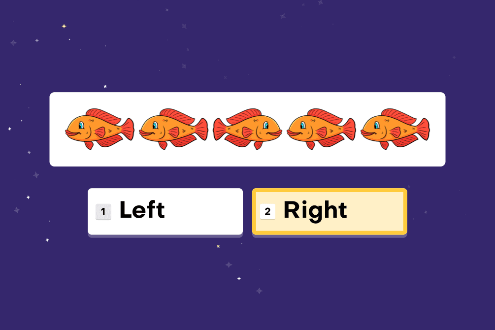 Talamo test screen, Left or right: a row of five fish in which the four outer fish face left and the middle fish faces right, with Right selected.