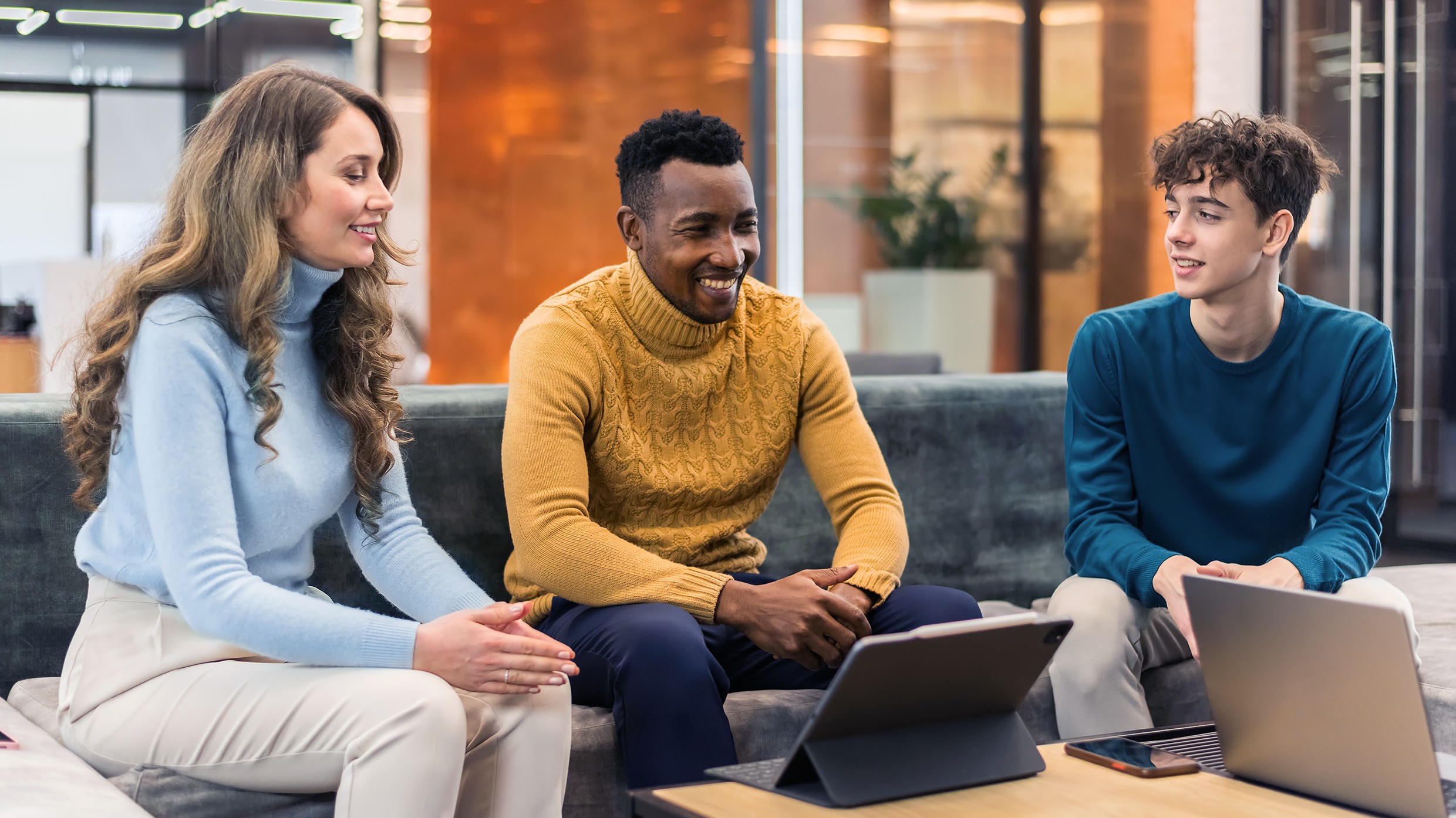 Multiracial group people discussing business office