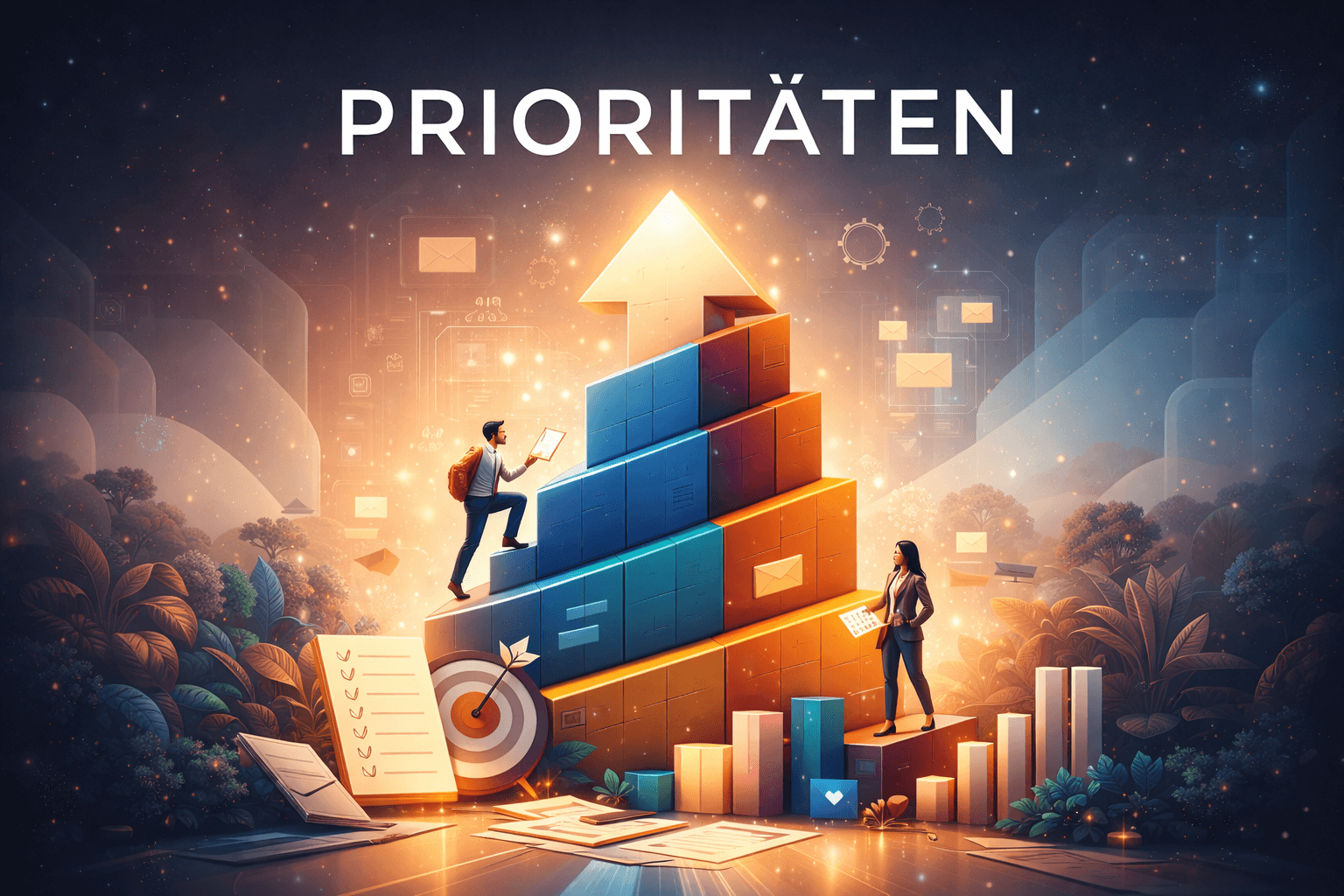 Illustration im Querformat zum Thema Prioritäten. Eine stilisierte Treppe aus farbigen Blöcken führt nach oben zu einem leuchtenden Pfeil. Zwei Personen bewegen sich auf der Treppe, eine steigt mit einem Notizblock nach oben, die andere steht auf einer unteren Stufe. Um die Treppe herum sind Symbole für Aufgabenlisten, Zielscheibe, Diagramme und Nachrichten eingeblendet. Oben im Bild steht der Schriftzug „PRIORITÄTEN“ vor einem dunklen, abstrakten Hintergrund.