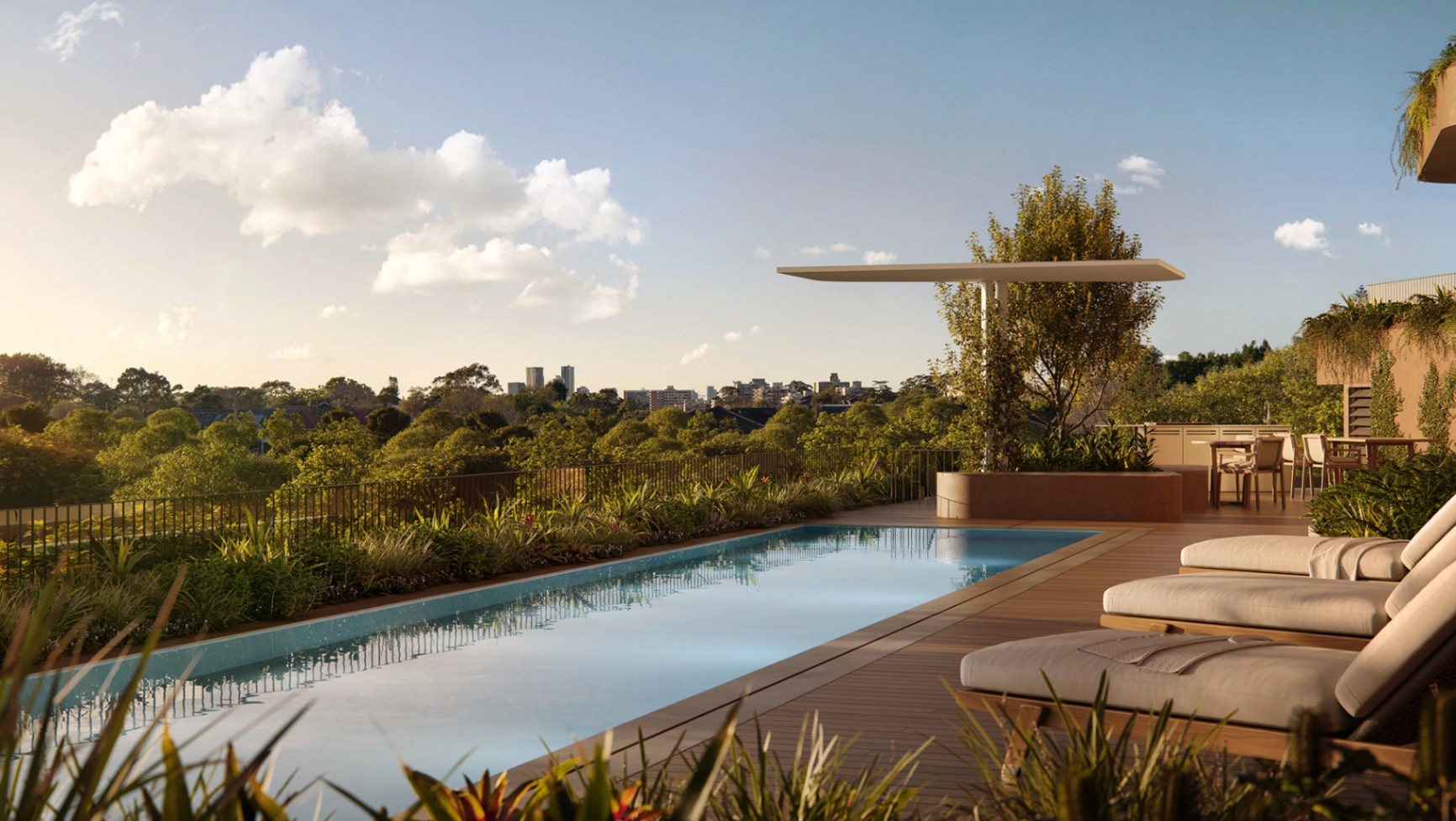 Rooftop swimming pool and landscaped SkyGarden at Hammond Greens offering tranquil outdoor living with elevated suburban views.