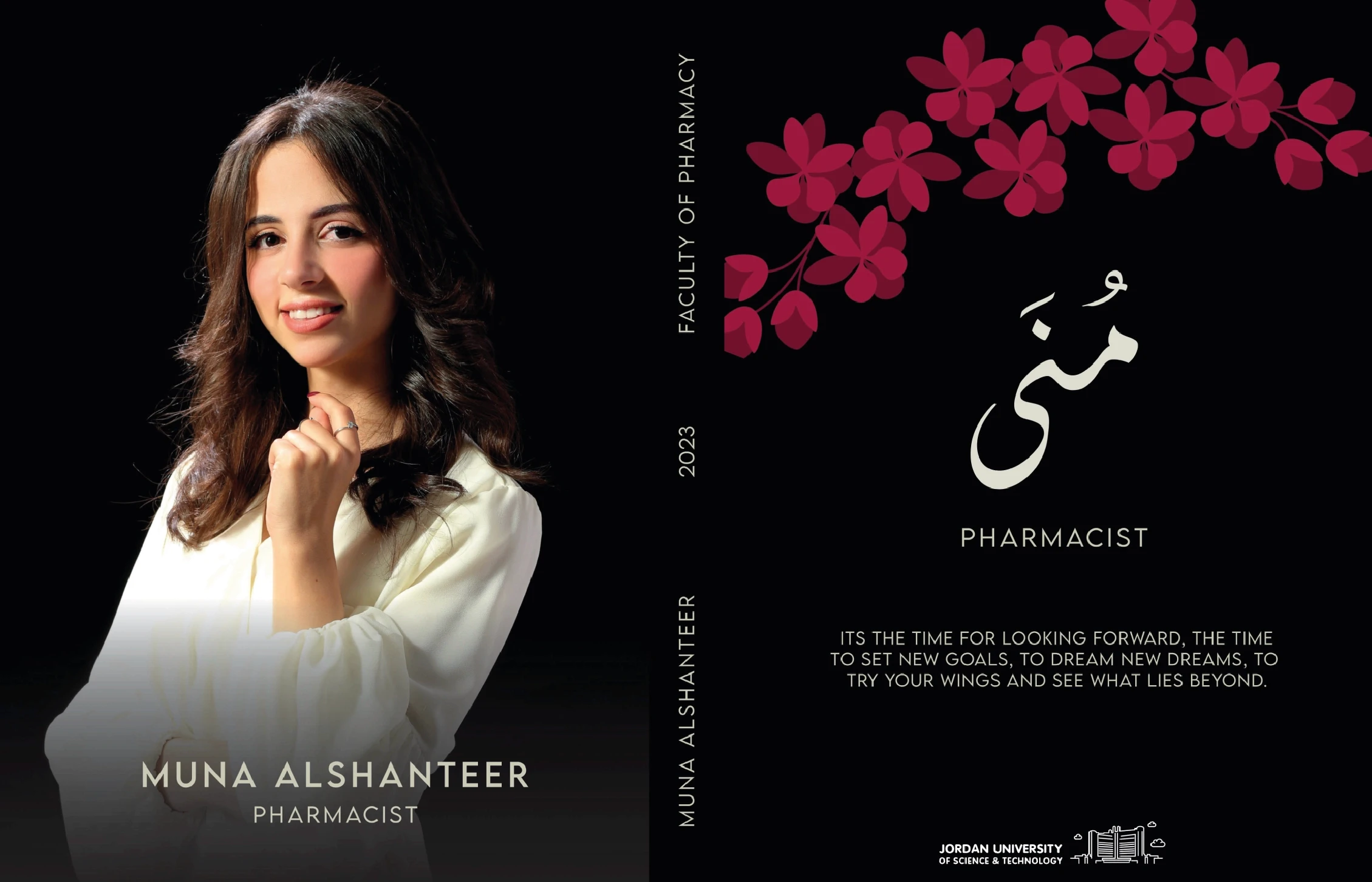 Graduation book for a girl wearing white on black background and a group of pink vector flowers made by kkdesign.io, kkdesign