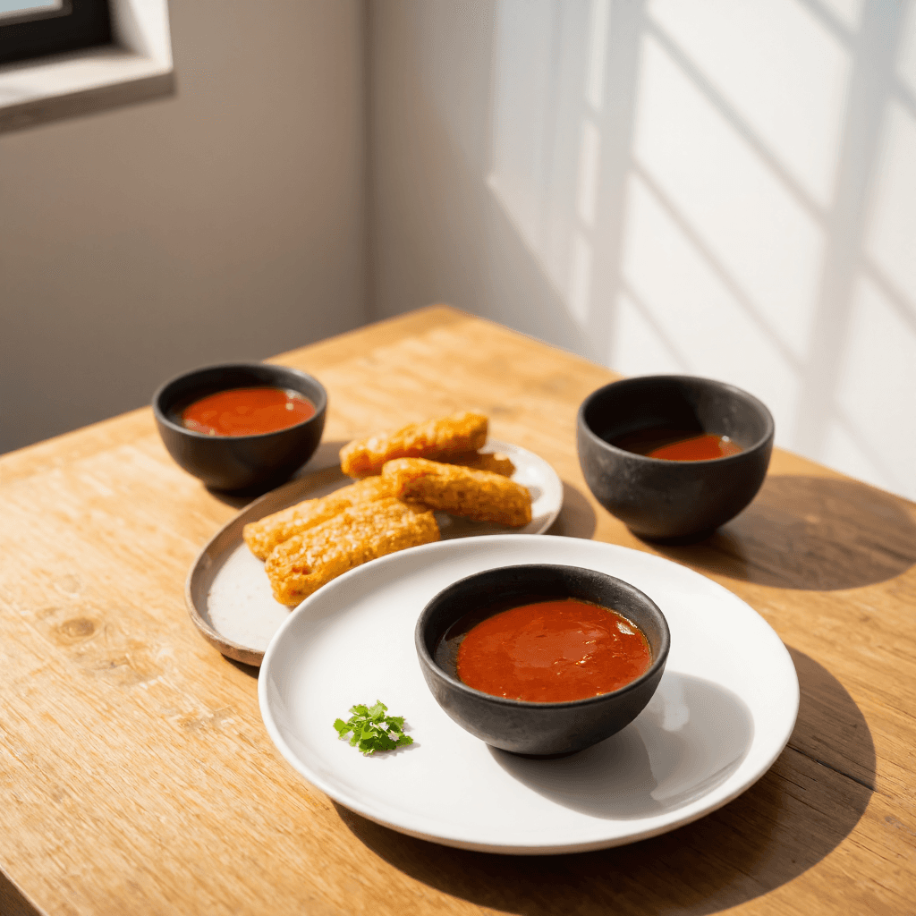 product photography of plate of fried food with dipping sauce
