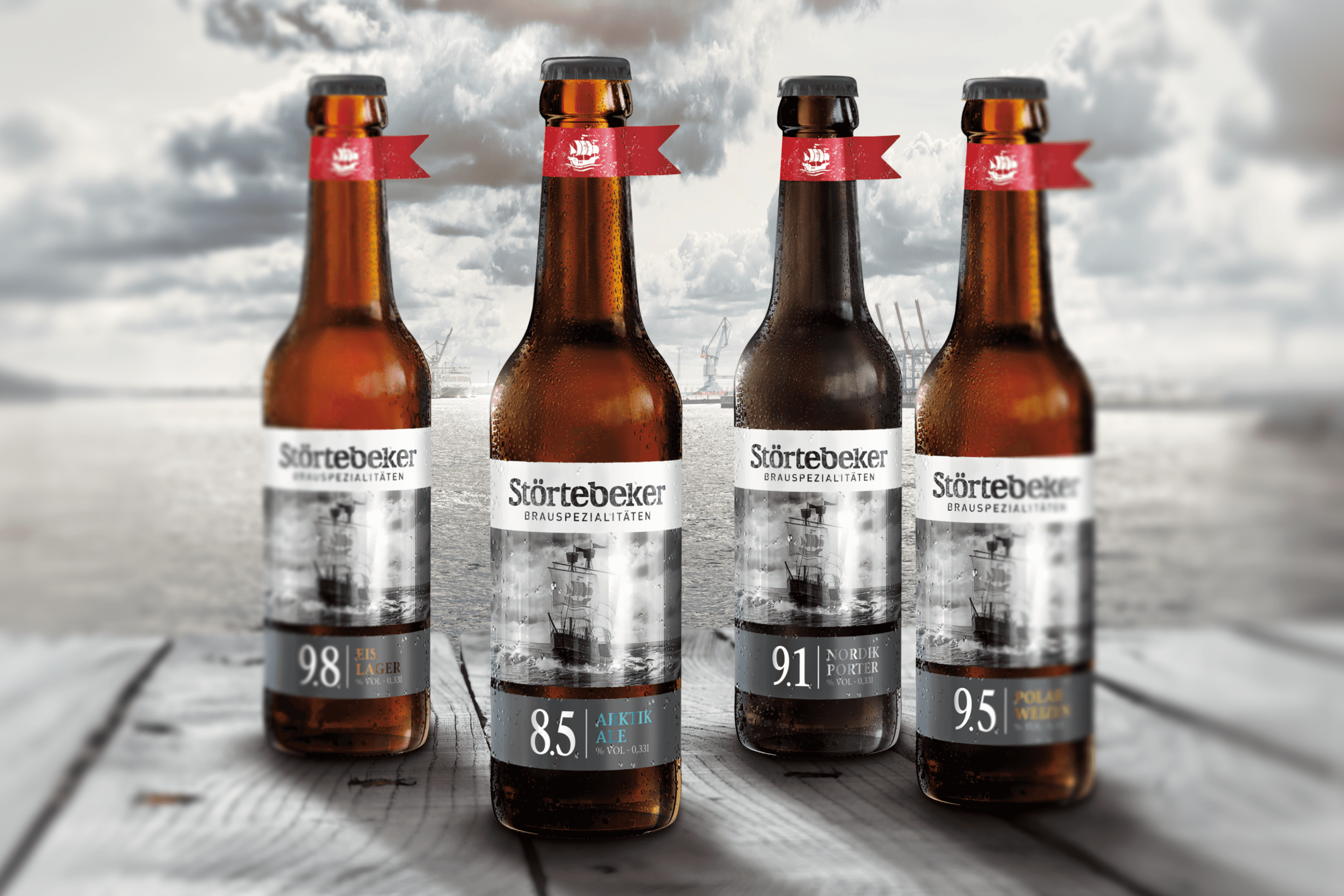 Störtebeker beer bottles. Sailboat image.