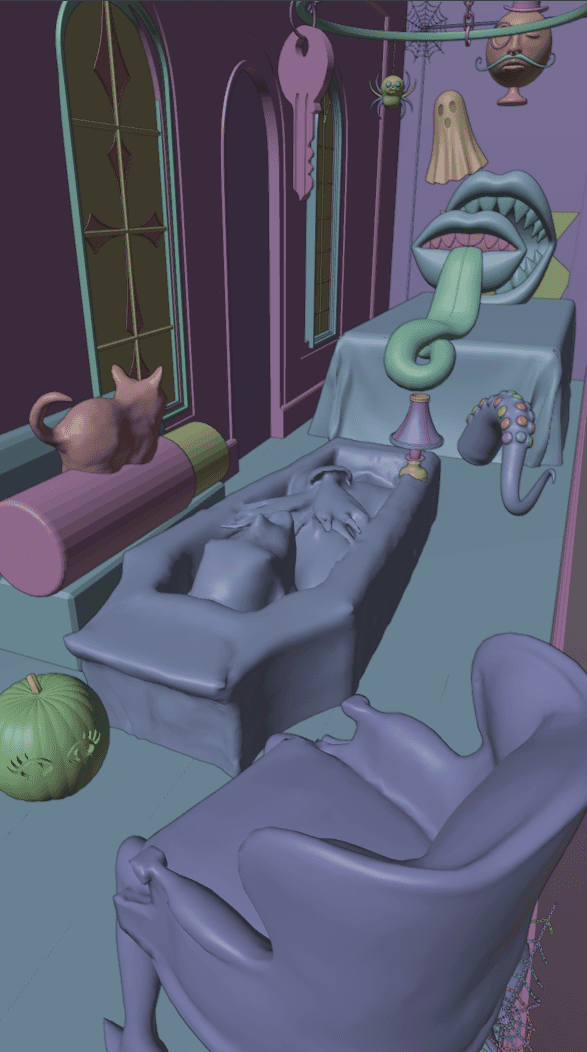 A purple-toned 3D render of a room with a coffin, a cat, and a tongue-shaped bed