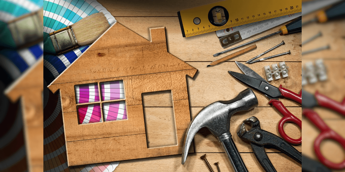 "Wooden house shape surrounded by tools, representing property maintenance and the impact of efficient tracking on property value."