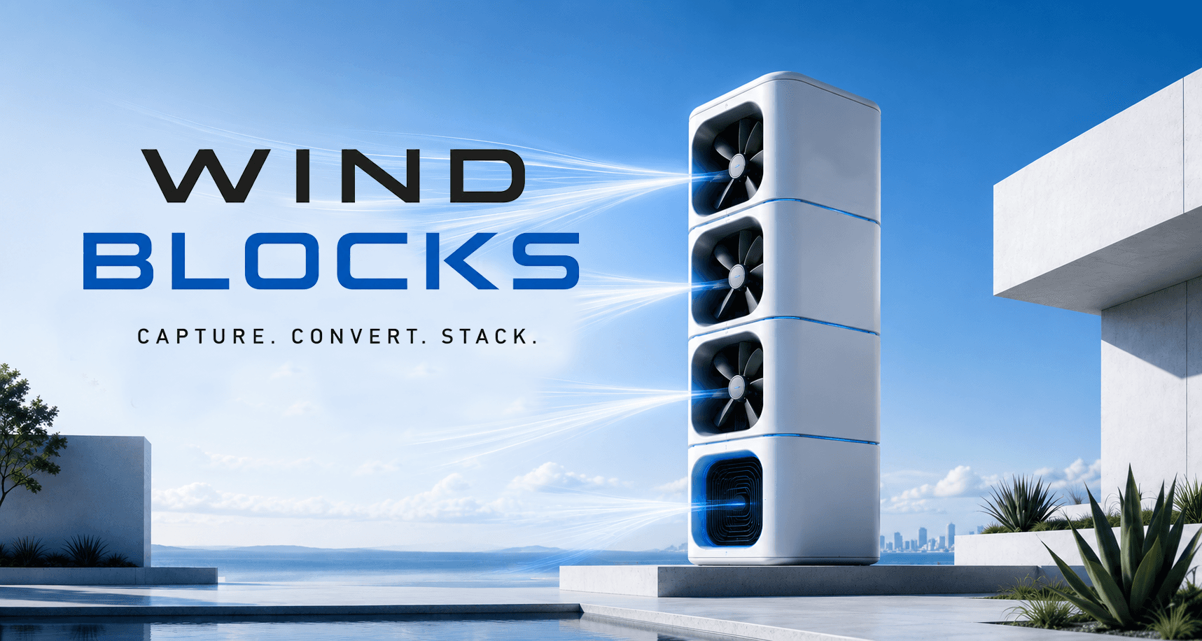 Wind Blocks website header showing modular stacked wind capture concept