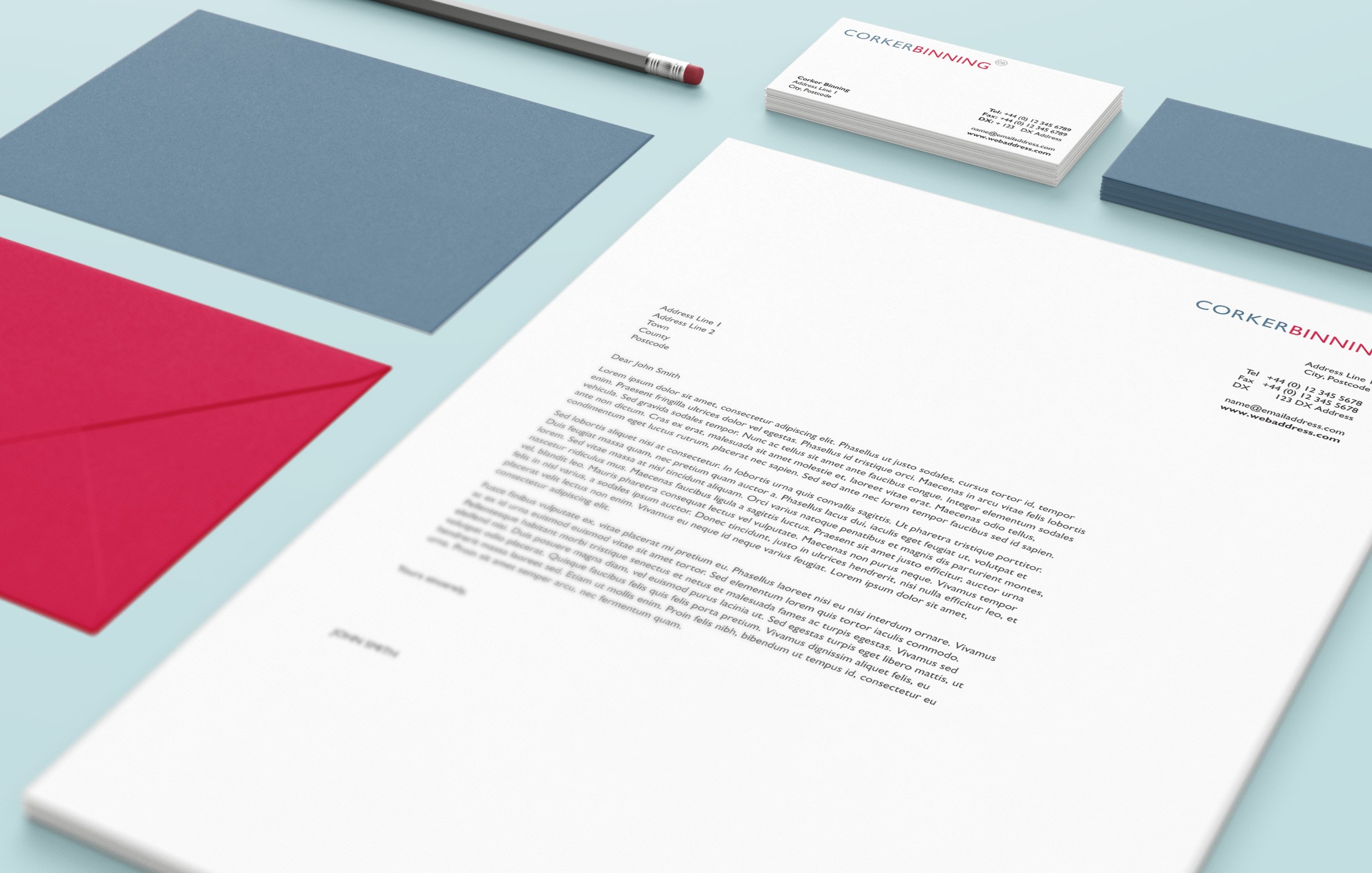 Corker Binning business card design showing range of other stationery 