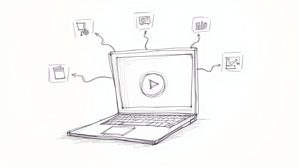 A hand-drawn sketch of a laptop screen displaying a play button, with wavy arrows connecting to icons representing documents, communication, and data analytics.