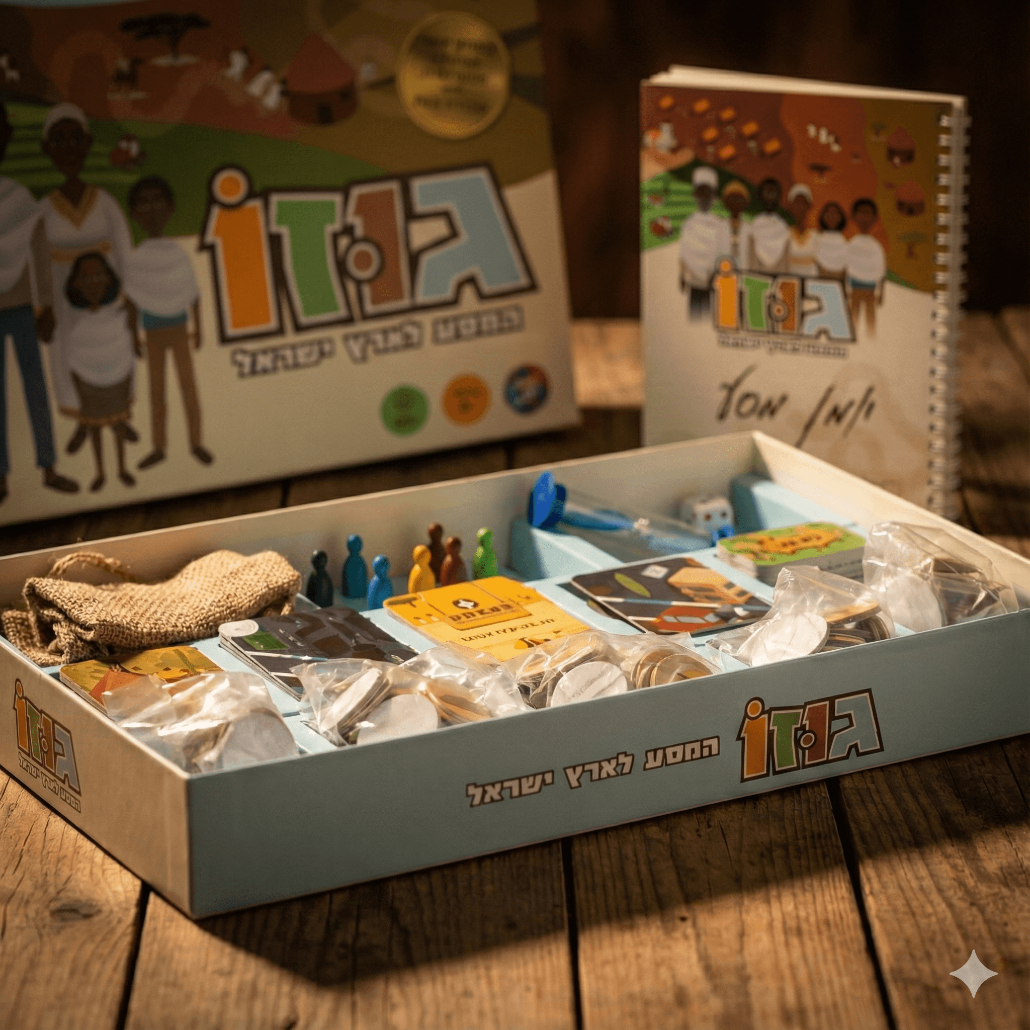 Inside view of the "Gozo" game box, revealing the organized components including character figurines, cards, tokens, and the folded board.