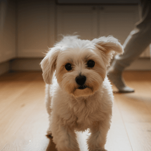 Curly apricot Doodle puppy sitting bright-eyed near a luxury storefront, owning the pavement