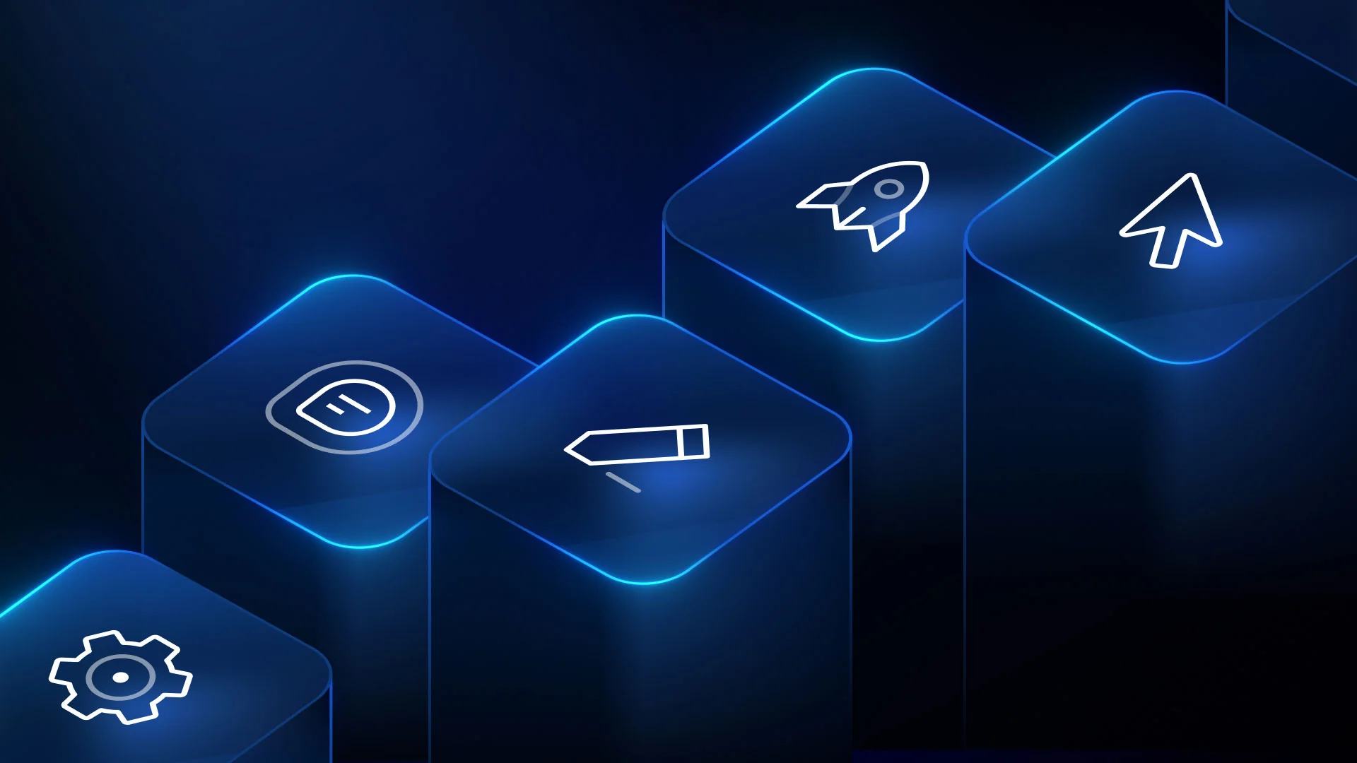Glass blocks with rocket, cursor and pencil icons rising in steps