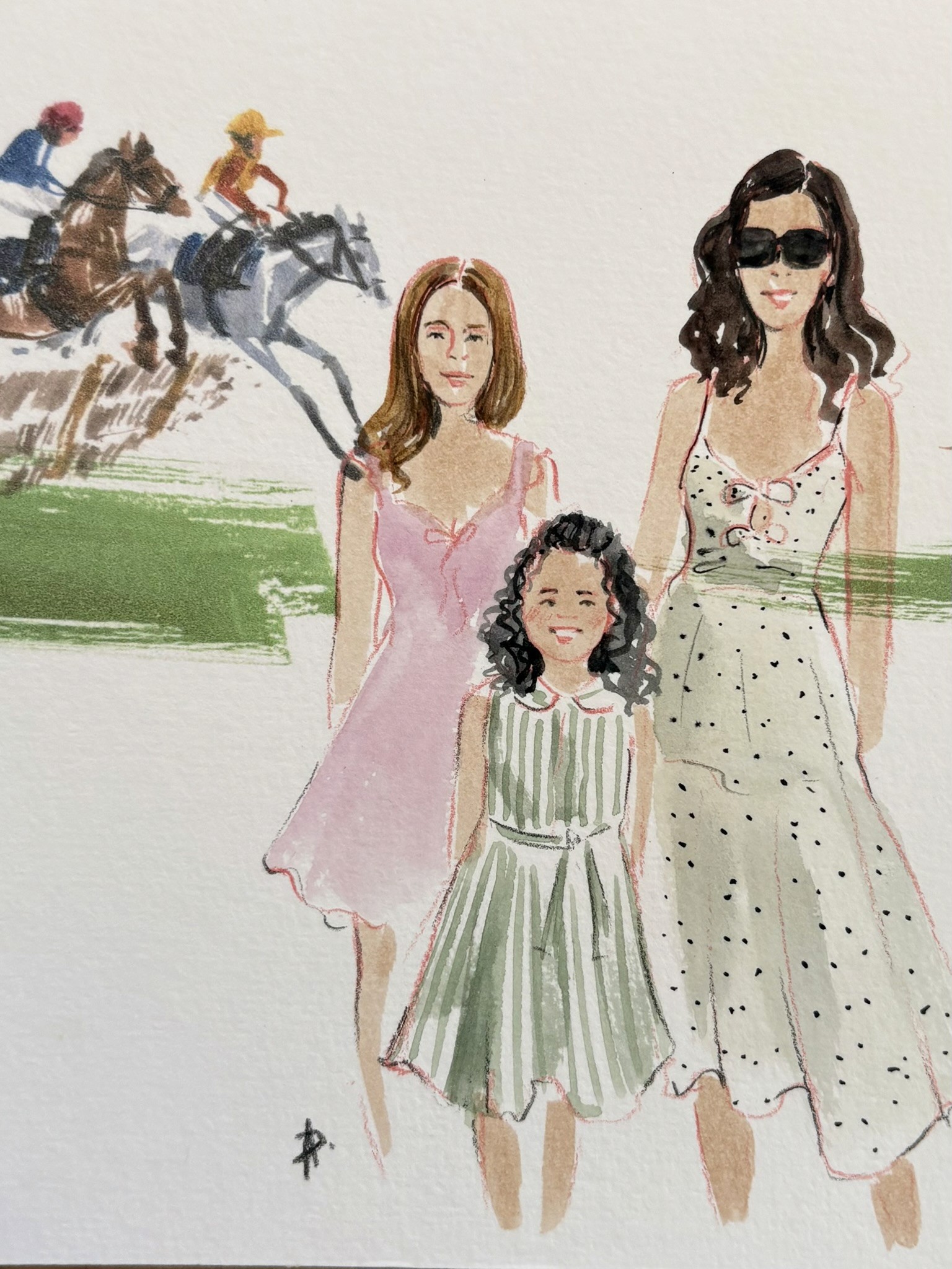 Watercolour portrait of three guests in elegant race day outfits at Ascot