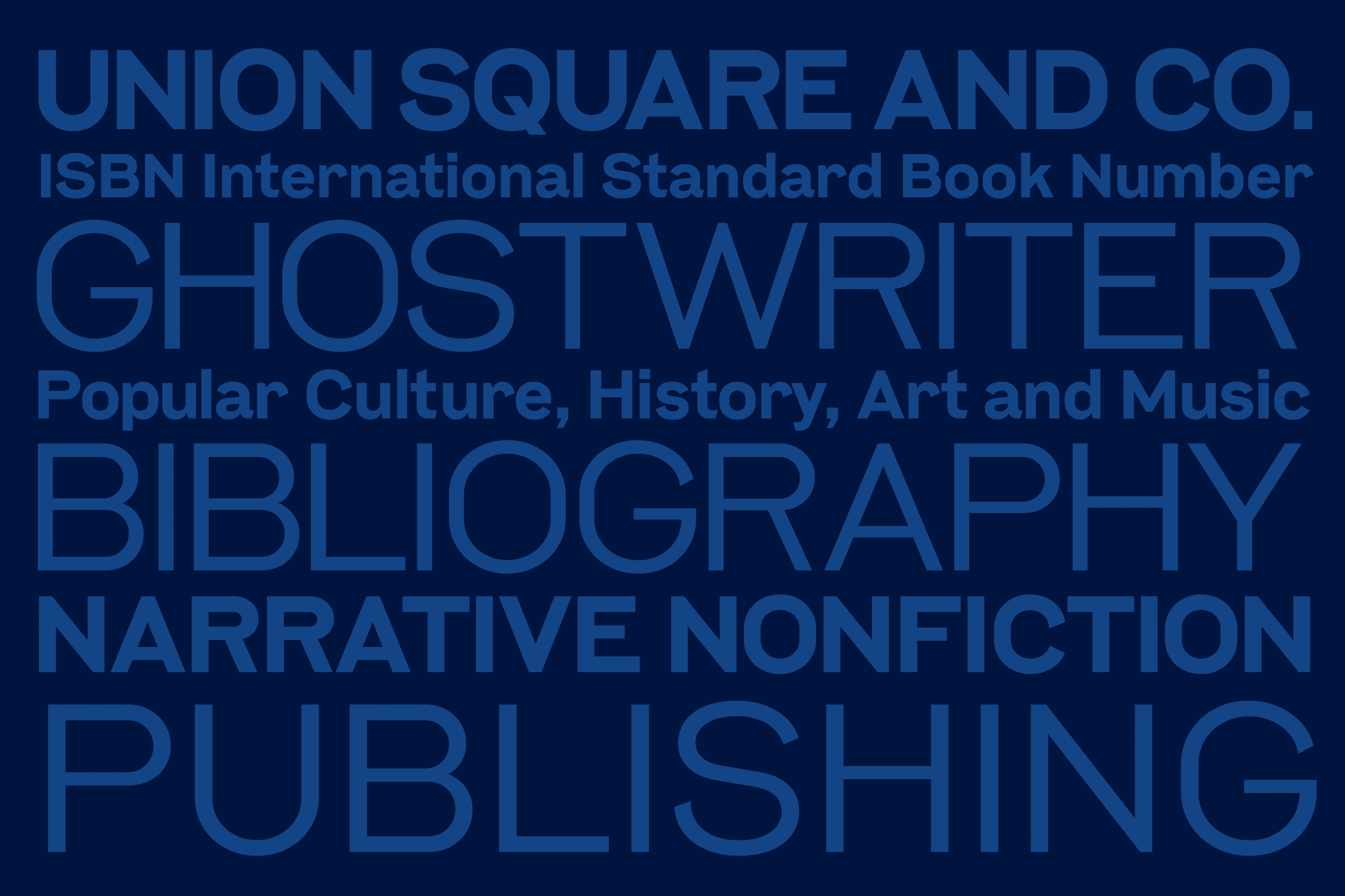 Text-based graphic featuring keywords related to publishing, including "ghostwriter," "bibliography," and "narrative nonfiction."