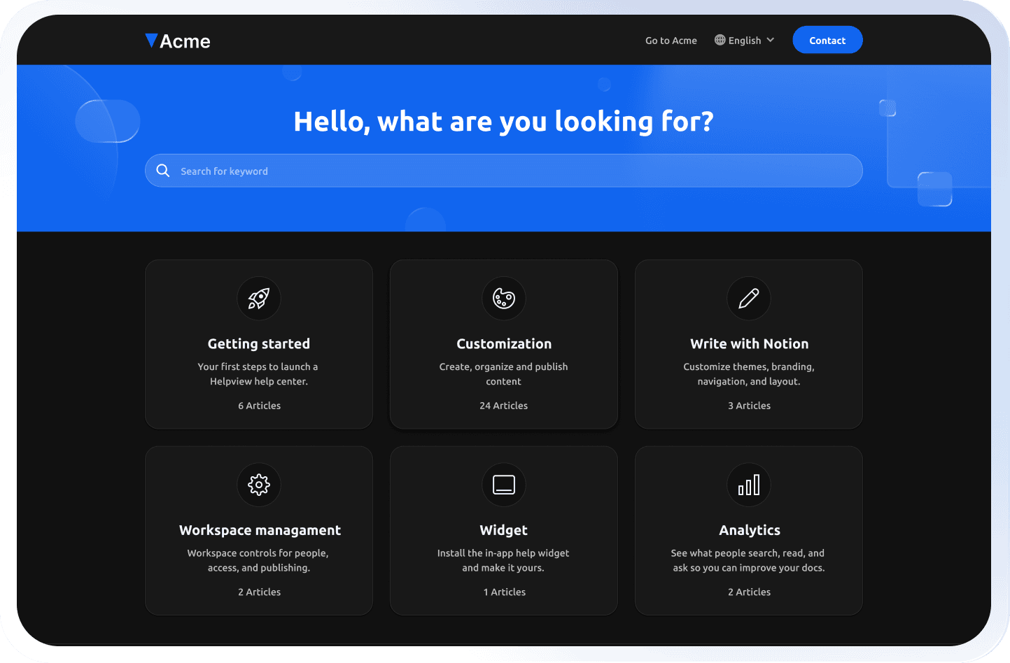 Helpview help center interface in dark theme showing organized article categories and knowledge base layout.