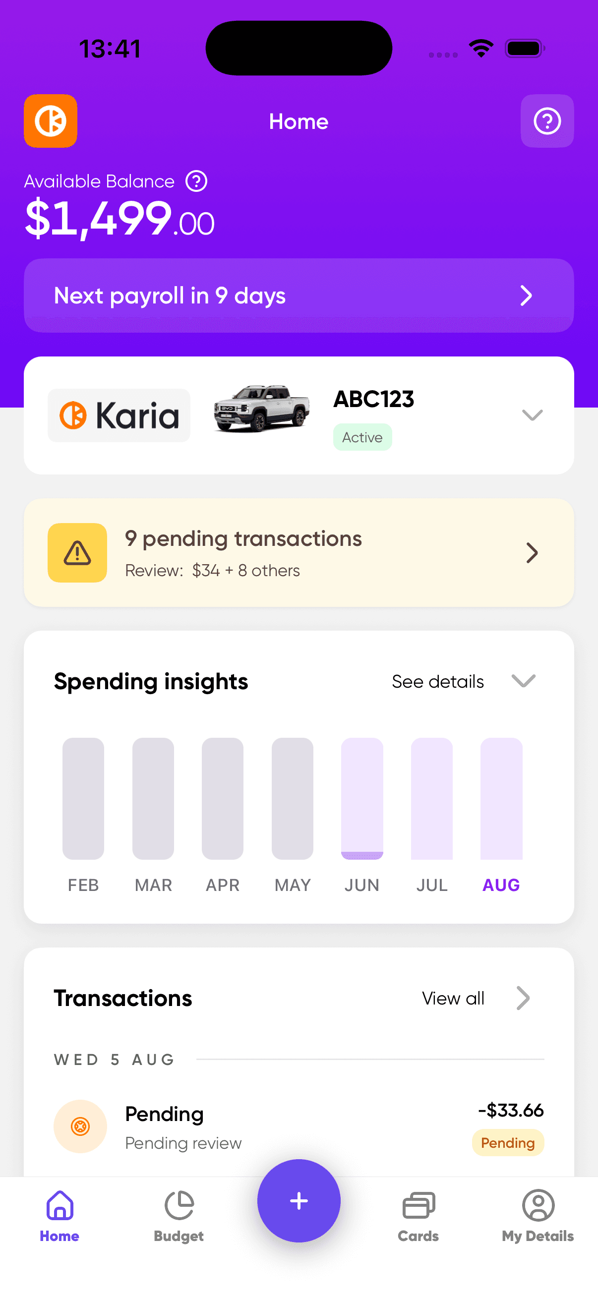 Novated Driver home screen showing available balance, next payroll and spending insights