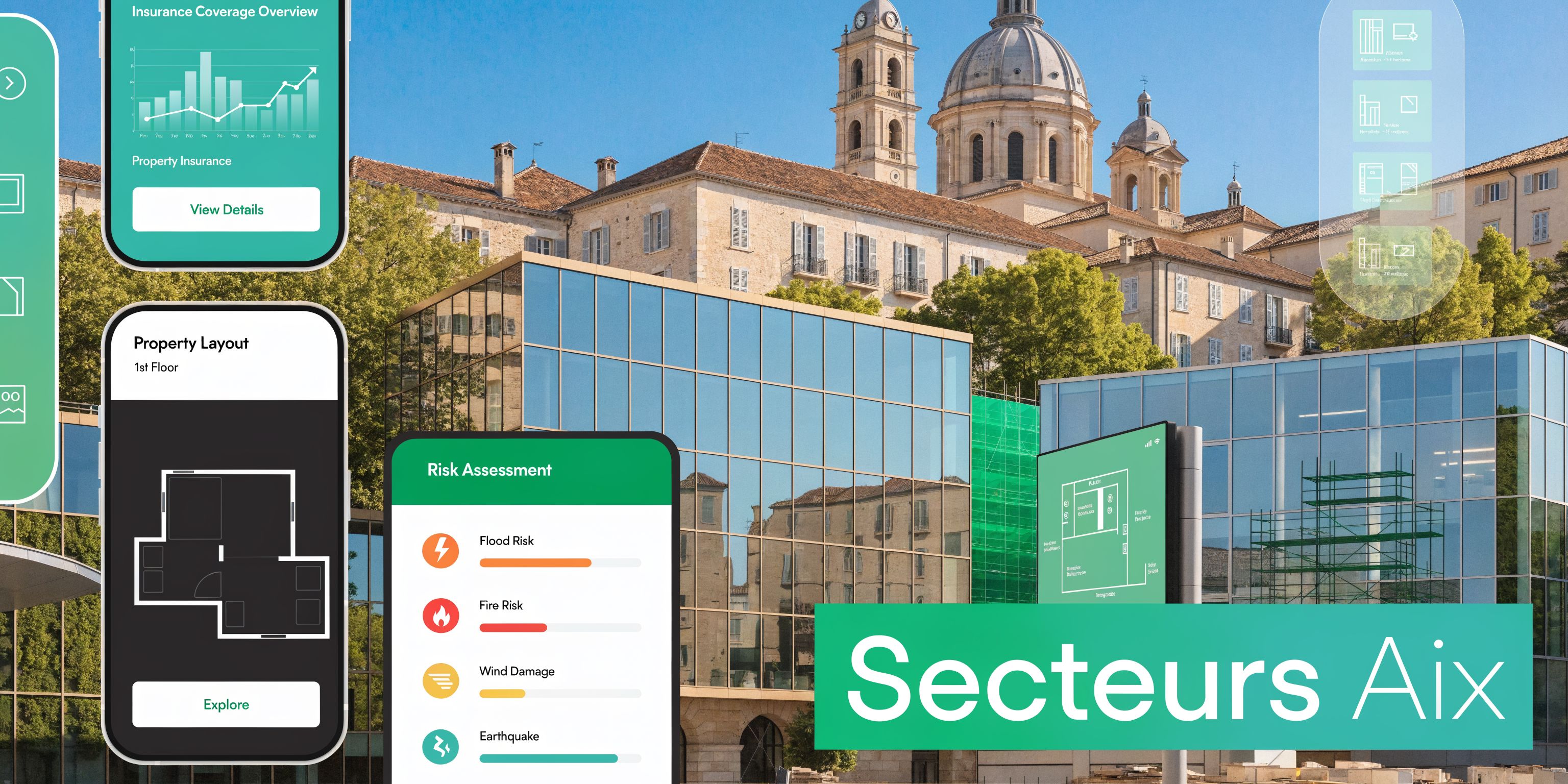 Interface numérique d'une agence immobilière affichant des données d'assurance, une évaluation des risques et des plans d'étage.
