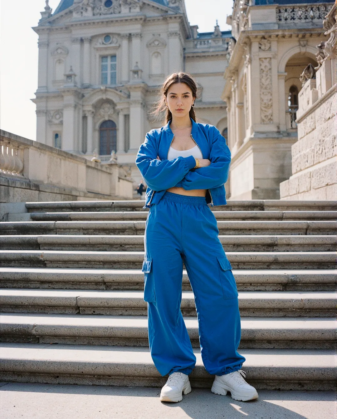 Woman in blue athleisure outfit standing on marble stairs with classical European architecture in background