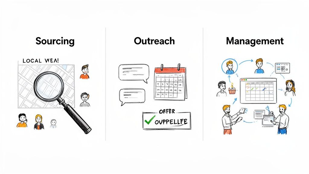 Illustrative diagram showing the three stages of influencer marketing: sourcing, outreach, and management.