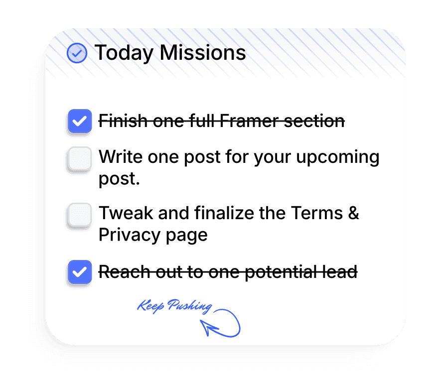 A checklist titled "Today's Missions" with three tasks to complete, each with a checkbox next to it.