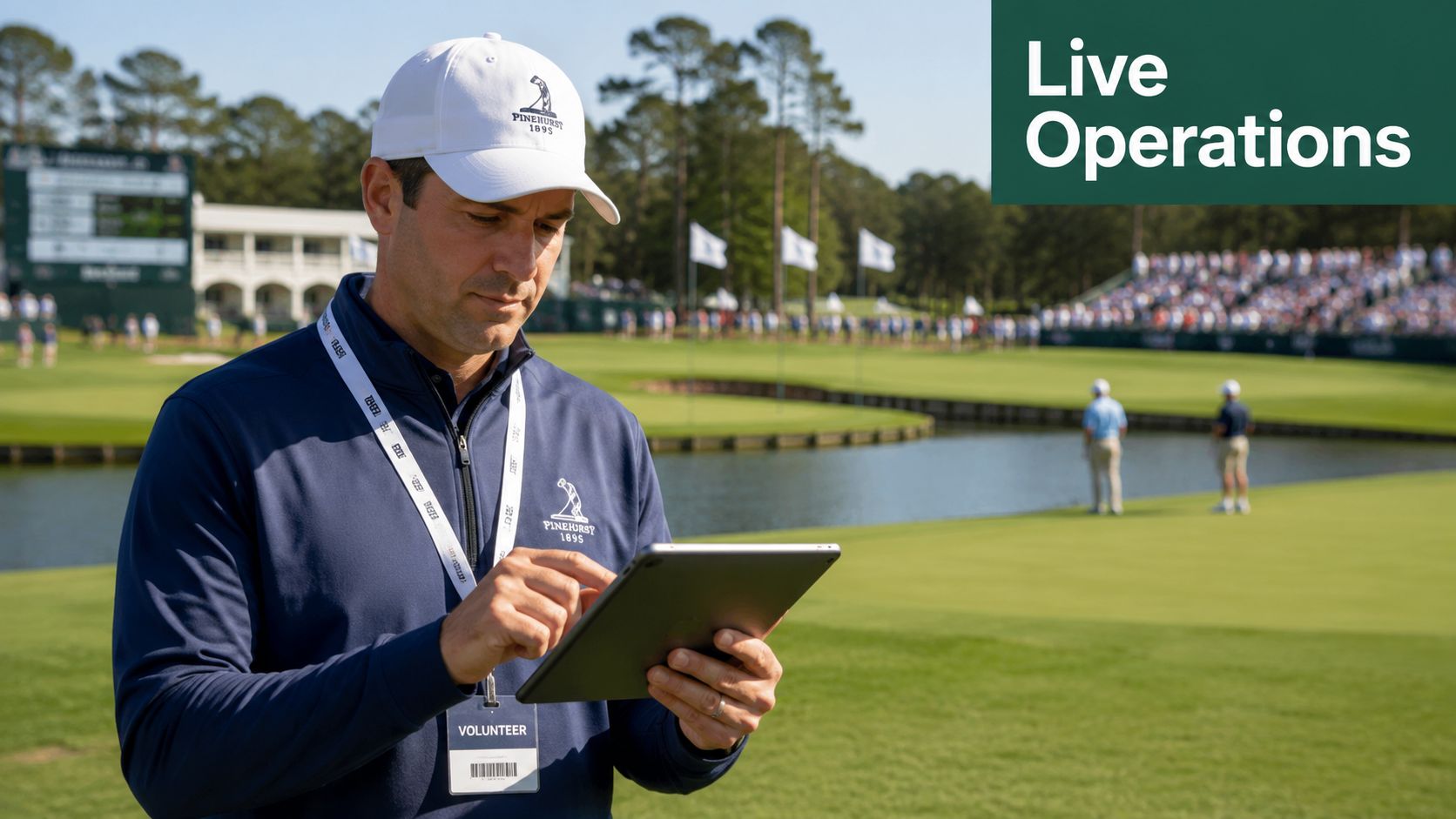 A tournament volunteer using a tablet to monitor real-time golf scoring on a sunny golf course.