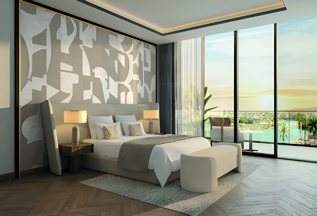 Contemporary bedroom with a spacious window showcasing a scenic water view, part of Azizi Developments' Azizi Wasel project.