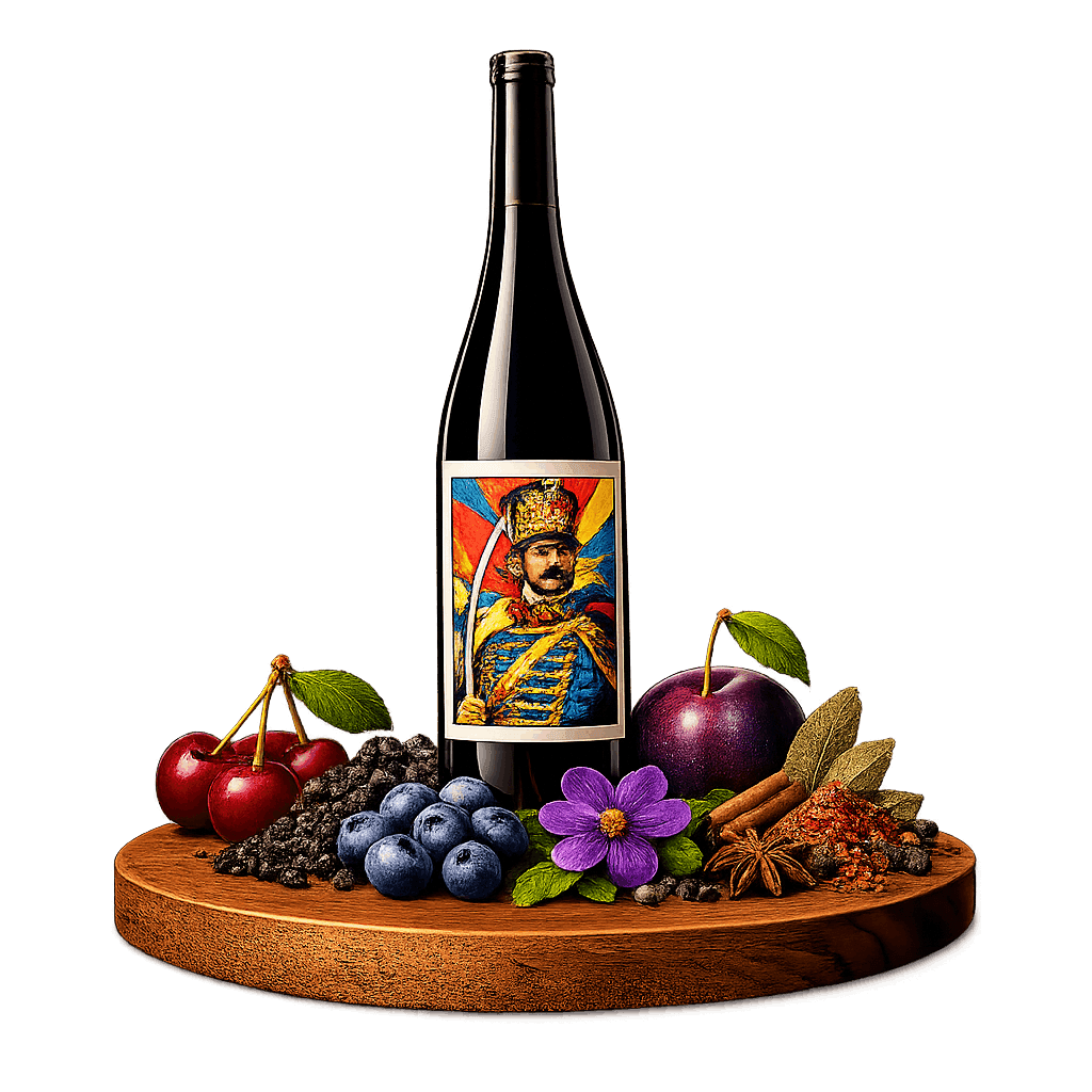 Artistic label and flavor profile for Hungarian Kékfrankos on a rustic wooden table.