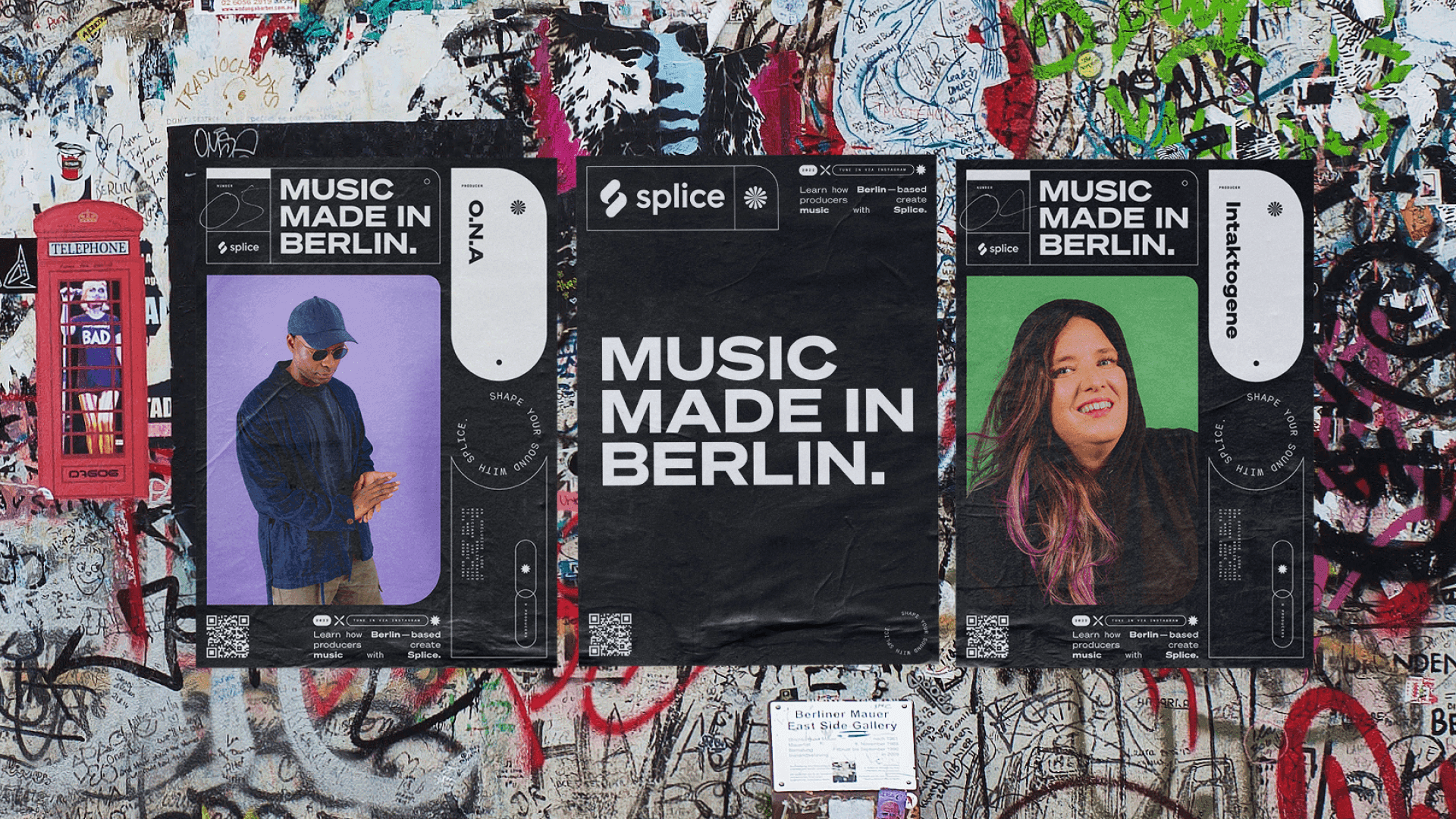 Black Music Made In Berlin posters pasted on a heavily graffitied wall, Splice logo and artist portraits