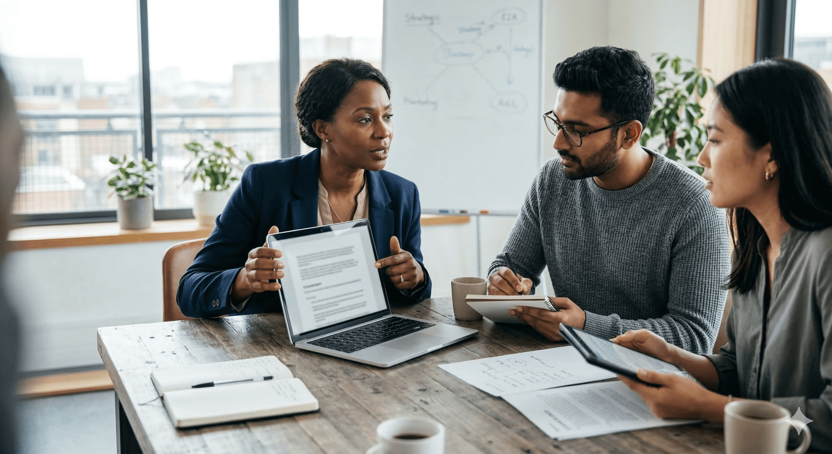 A diverse group of professionals engaging in a collaborative discussion around a wooden table, with one woman showing a report on a laptop, set in a modern office environment, exemplifying human-led AI adoption themes.