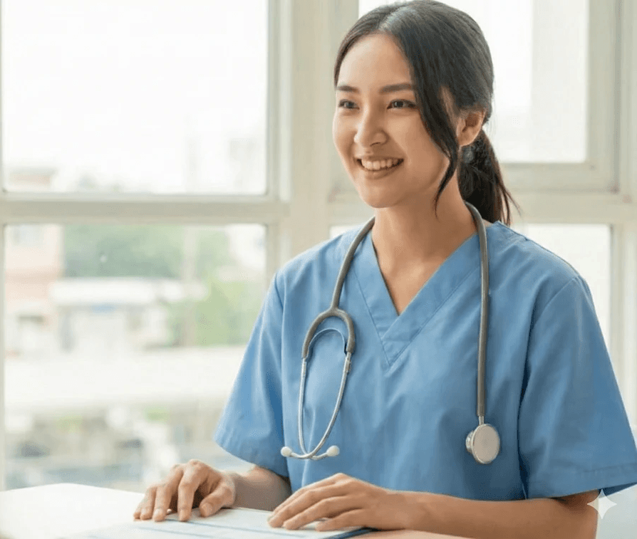 護理師在明亮環境中微笑與長者溝通，進行專業衛教指導與健康評估。畫面展現親切的醫療照護服務、良好溝通品質與以病患為中心的關懷互動。