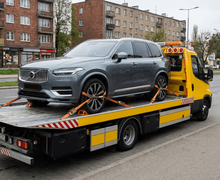 laweta Mago Car z samochodem na platformie jadąca drogą krajową