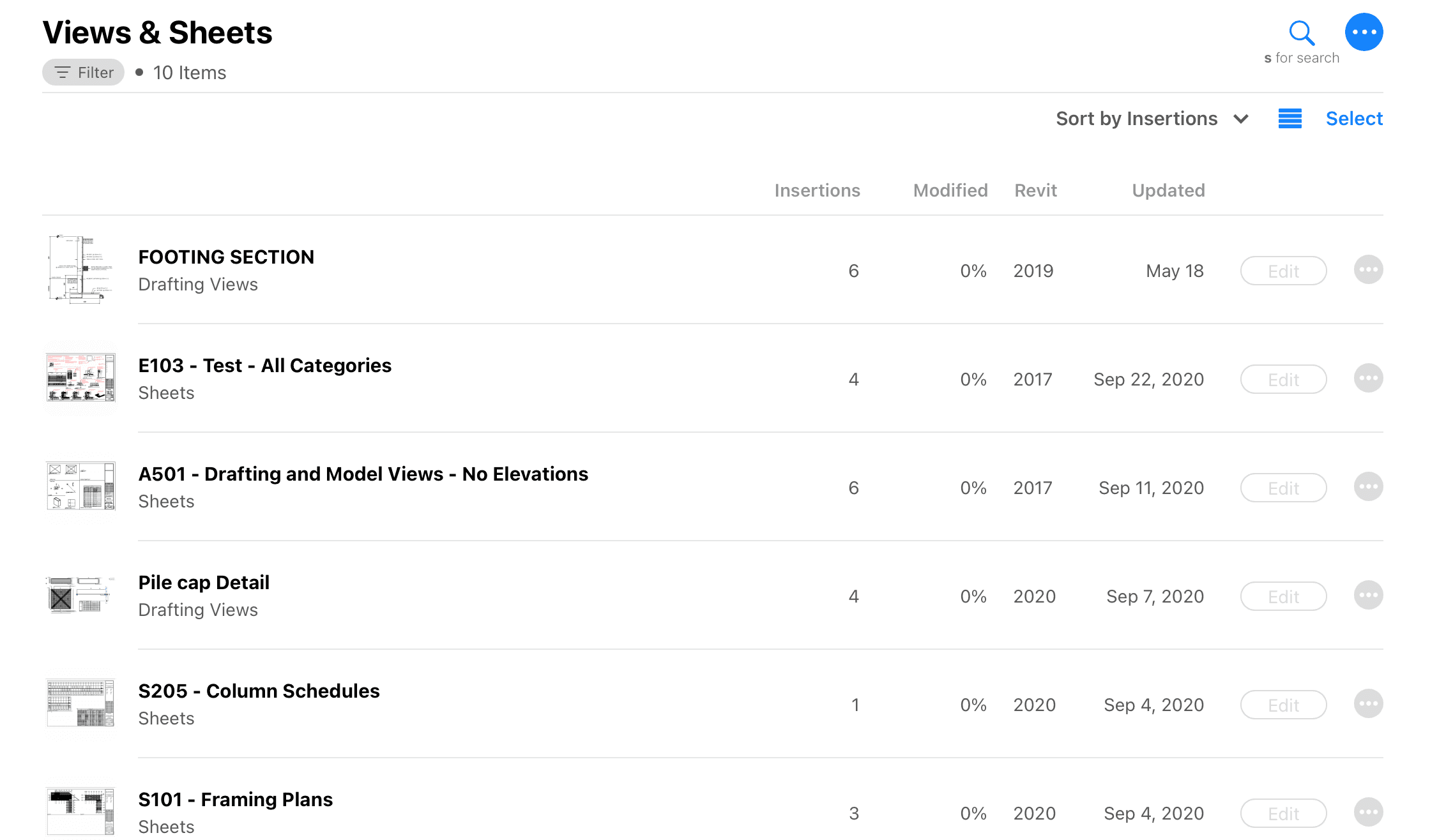 Views & Sheets page sorted by Insertions and showing number of insertions.