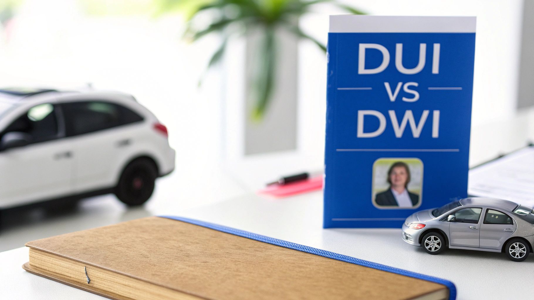 A book titled 'DUI vs DWI' stands prominently on a desk, accompanied by two toy cars and a notebook.