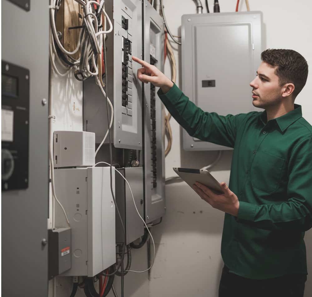 Un électricien en chemise verte inspecte un panneau électrique tout en tenant une tablette.