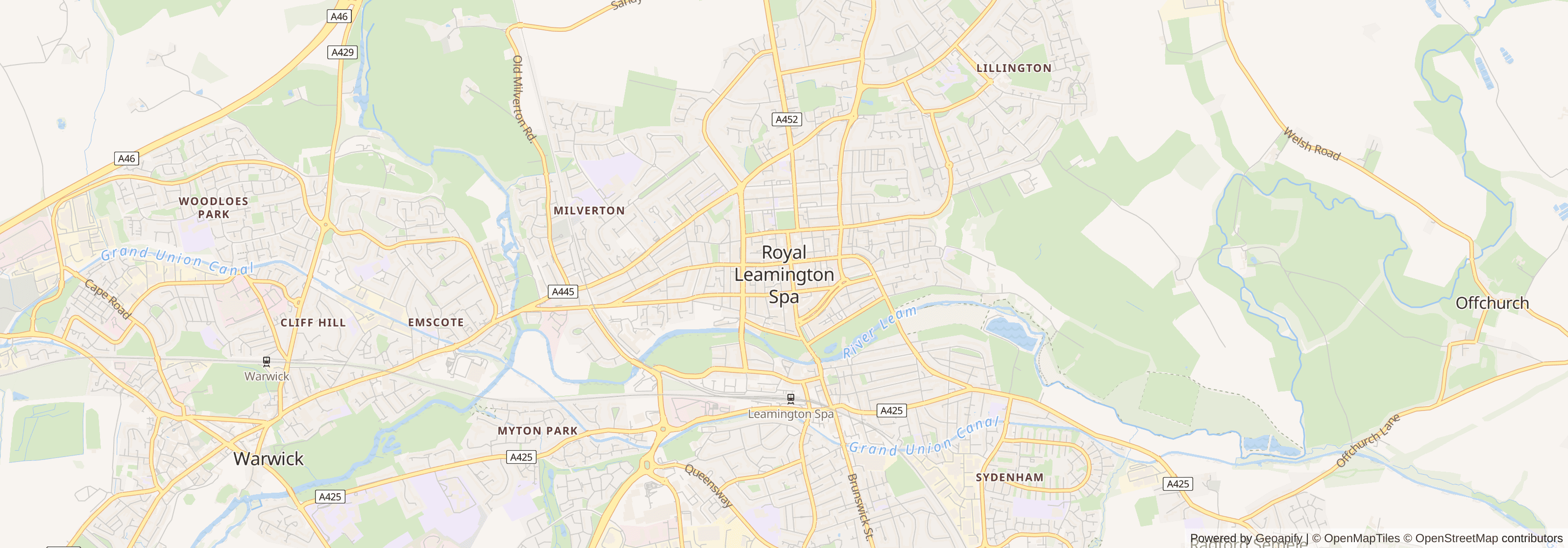 Street map of Leamington Spa, Warwickshire showing main roads and nearby areas