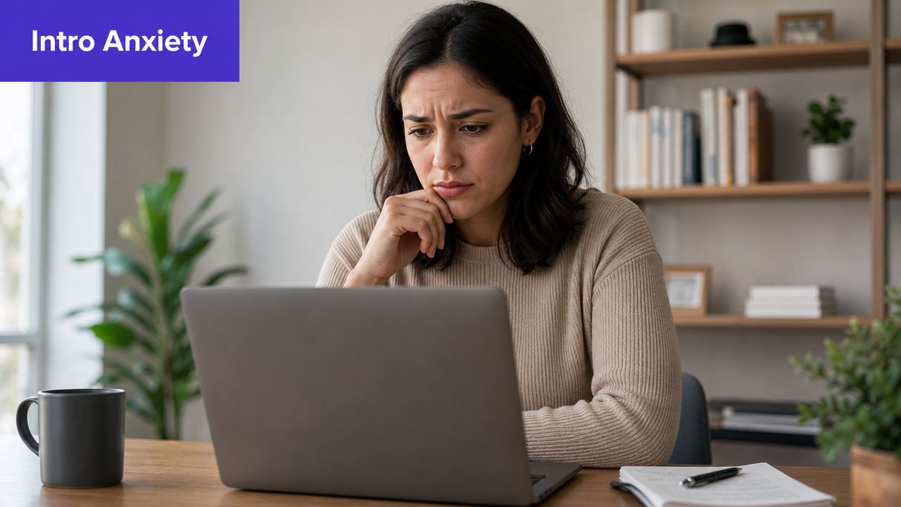 A concerned woman sitting at a desk looking at her laptop screen with a worried expression.