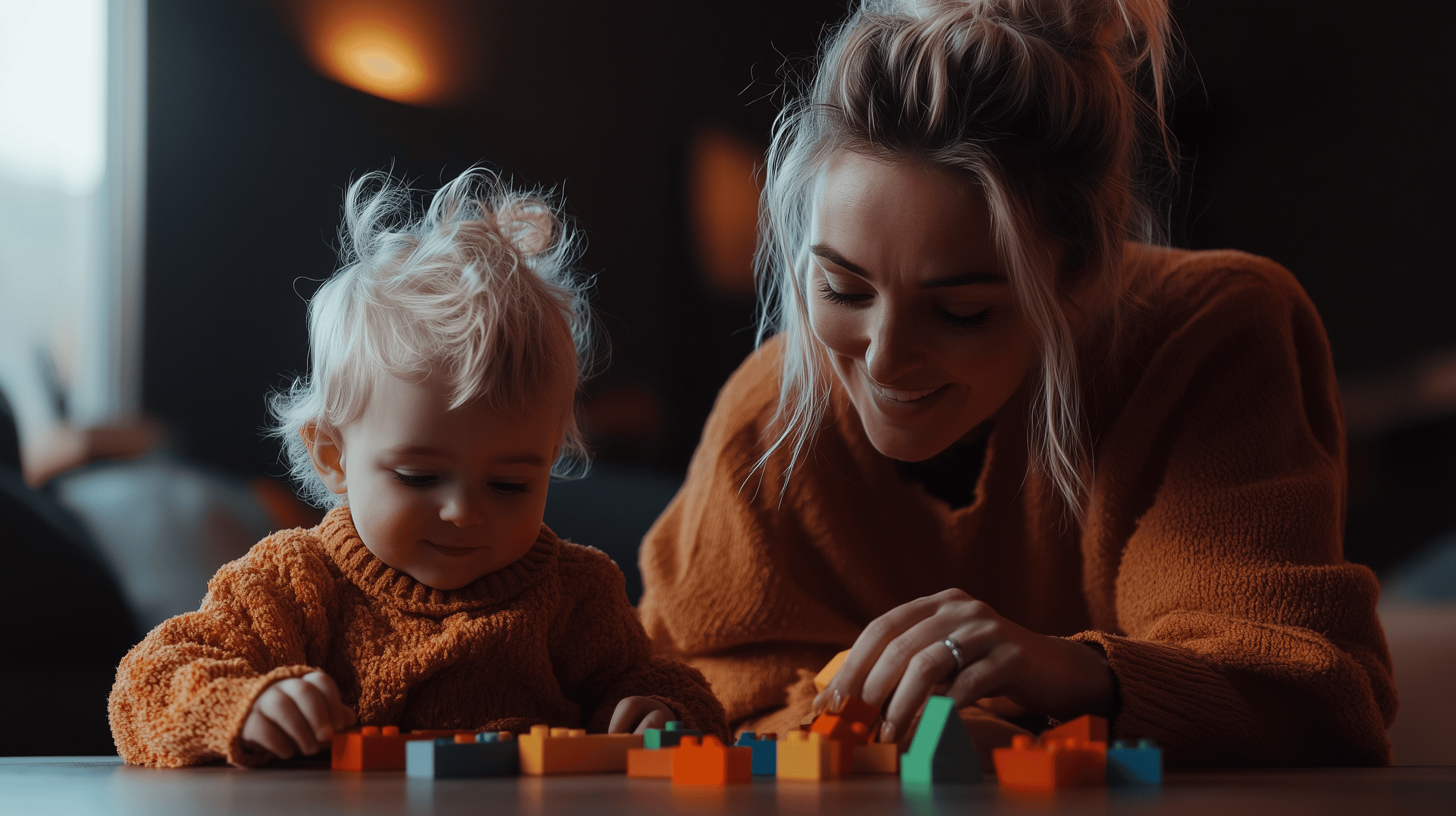 A caring nanny assisting a toddler with building blocks in a tidy