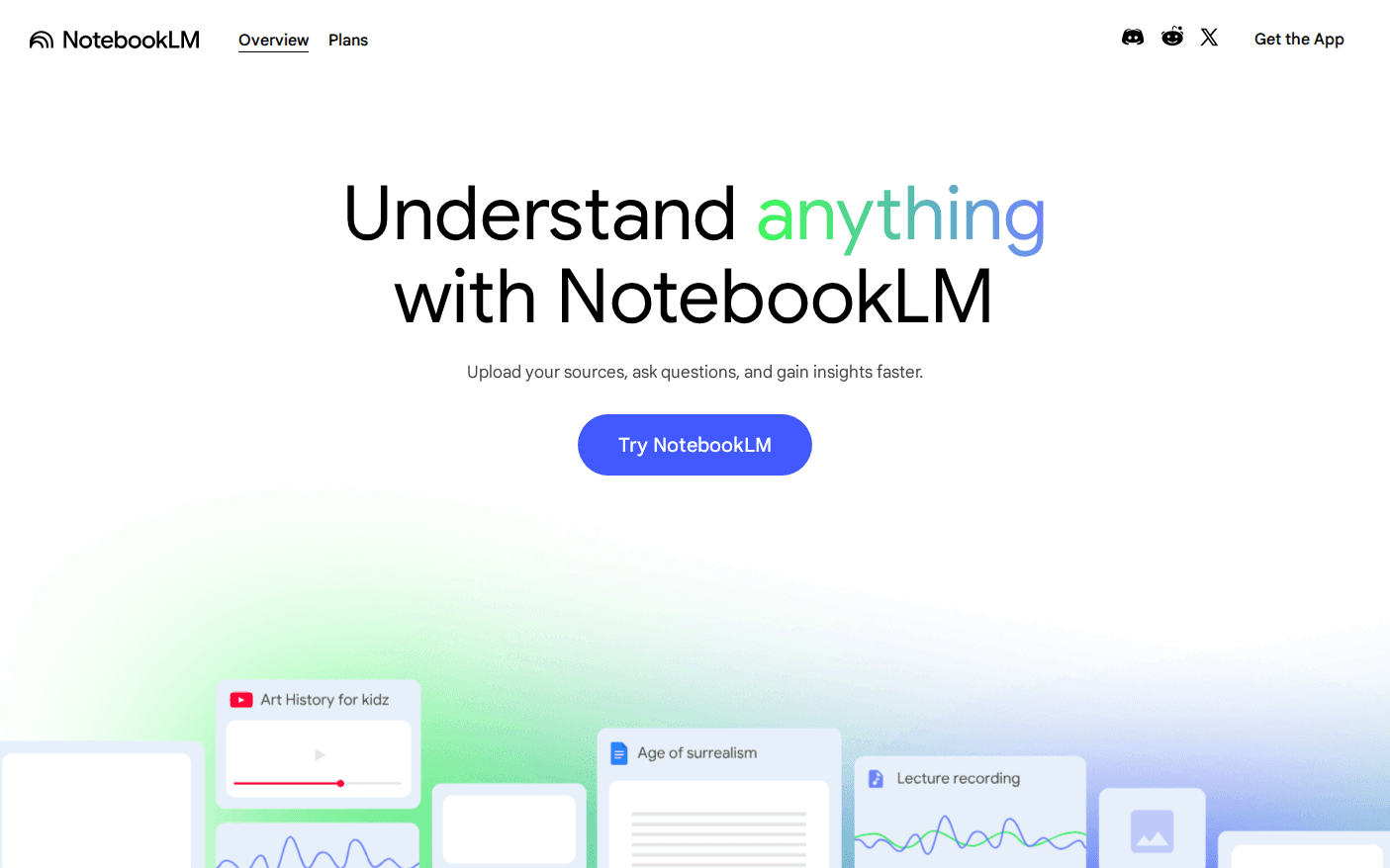 NotebookLM homepage showing Google's AI research notebook landing page